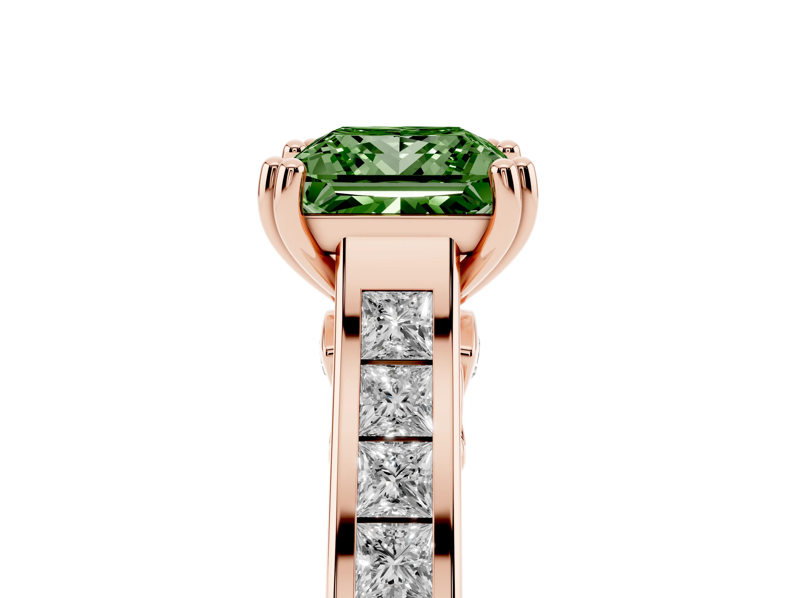 Fancy Green Princess Cut Diamond Channel Set Solitaire Engagement Ring Set in Rose gold with Prong Setting