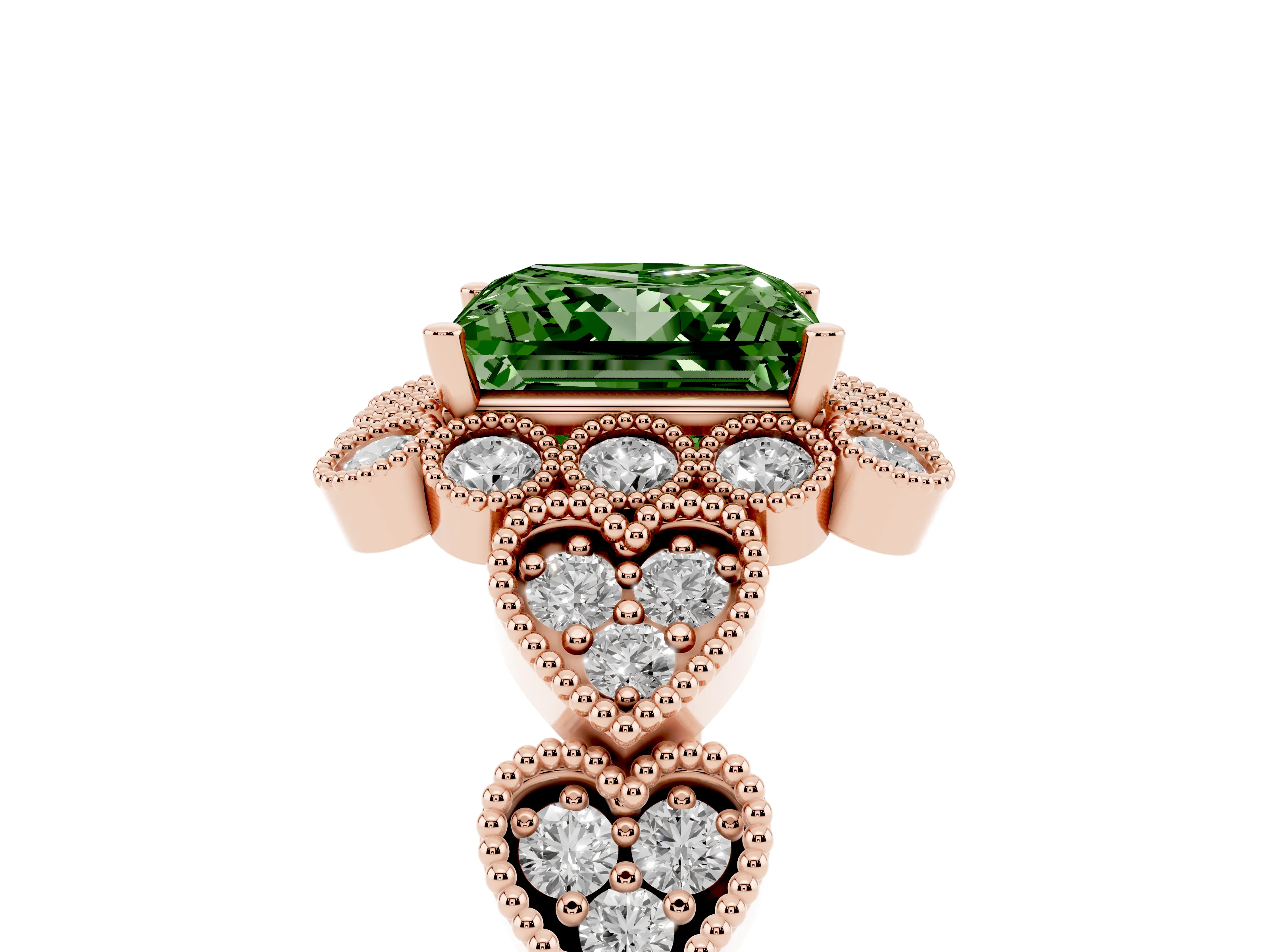 Fancy Green Princess Cut Diamond Solitaire Ring Set in Rose gold with Milgrain Pavé Heart Band