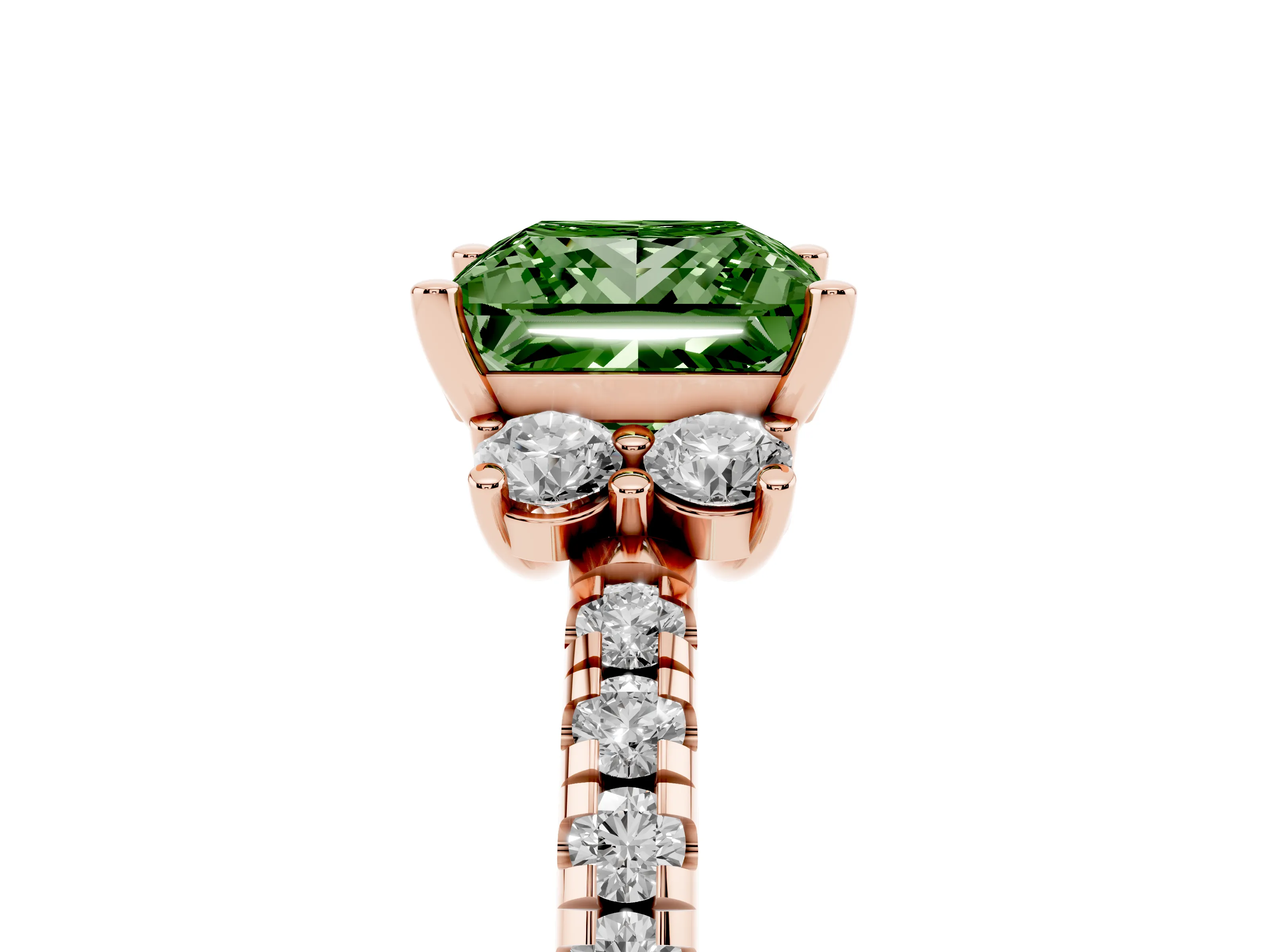 Fancy Green Princess Cut Diamond Three-Stone Pavé Ring Set in Rose gold with Prong Setting