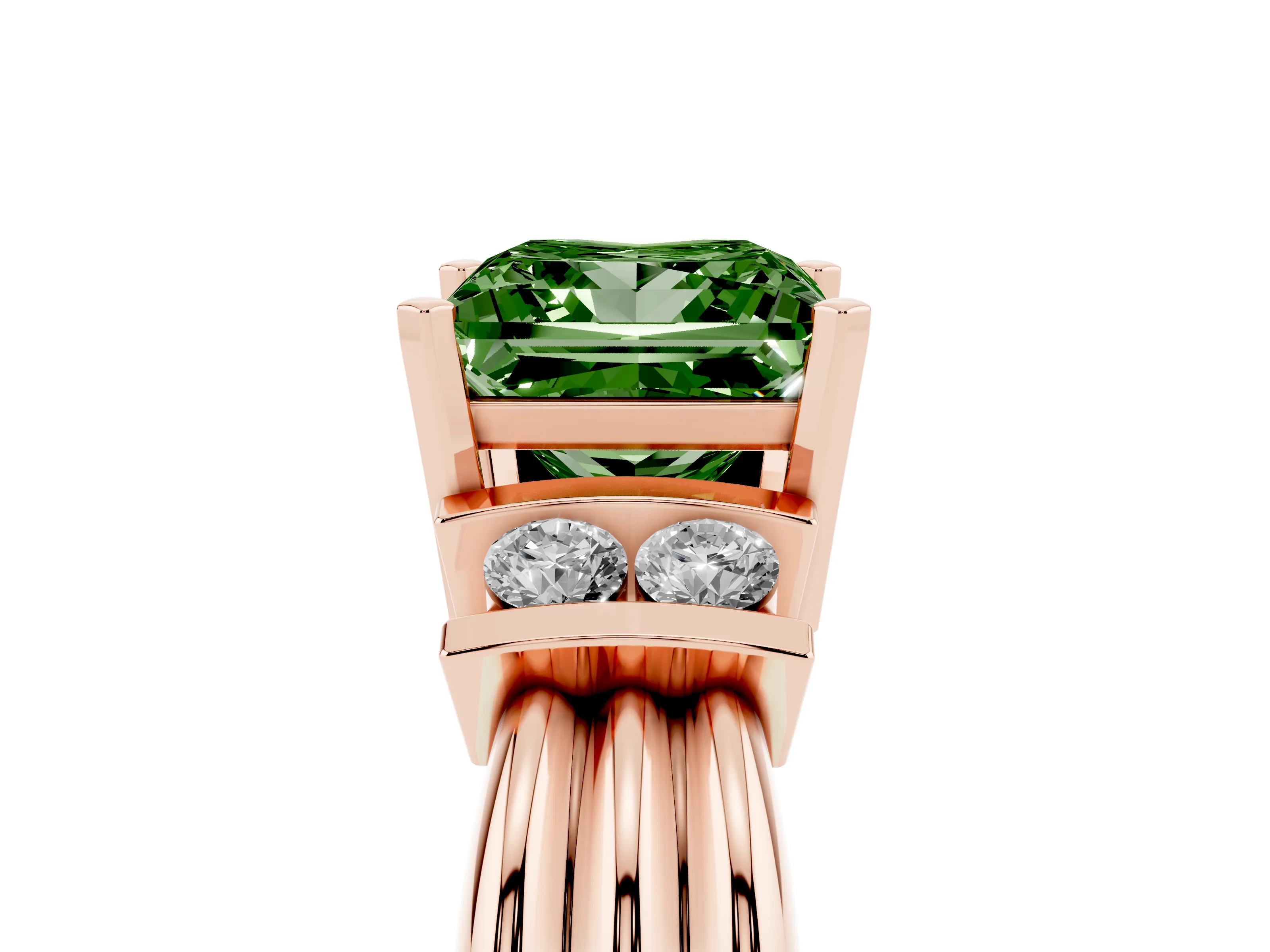 Fancy Green Three-Stone Princess Cut Diamond Channel Set Ring Set in Rose gold with Bar Prongs