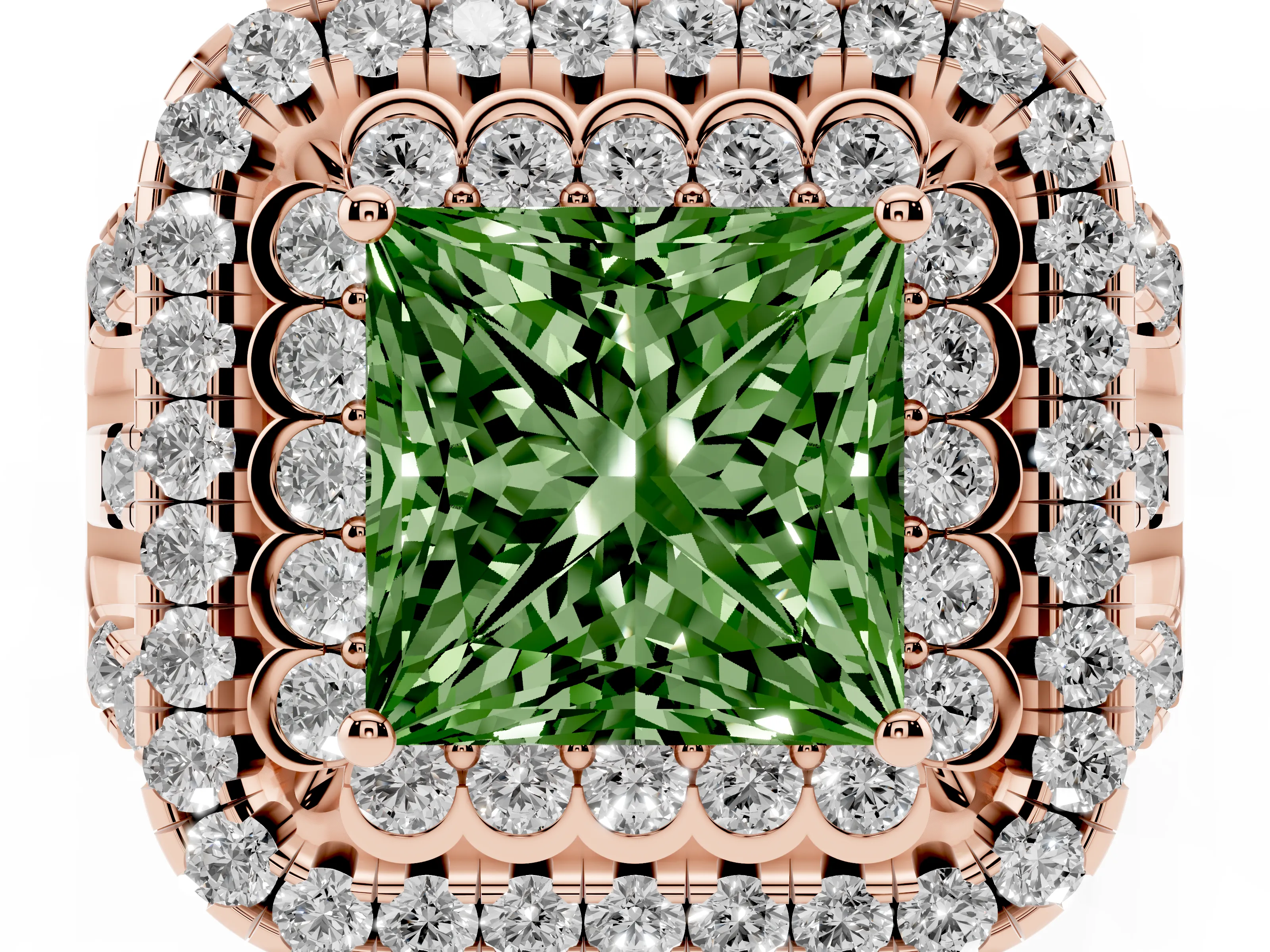 Fancy Green Princess Cut Diamond Double Halo Ring Set in Rose gold with Round Pavé Split Shank