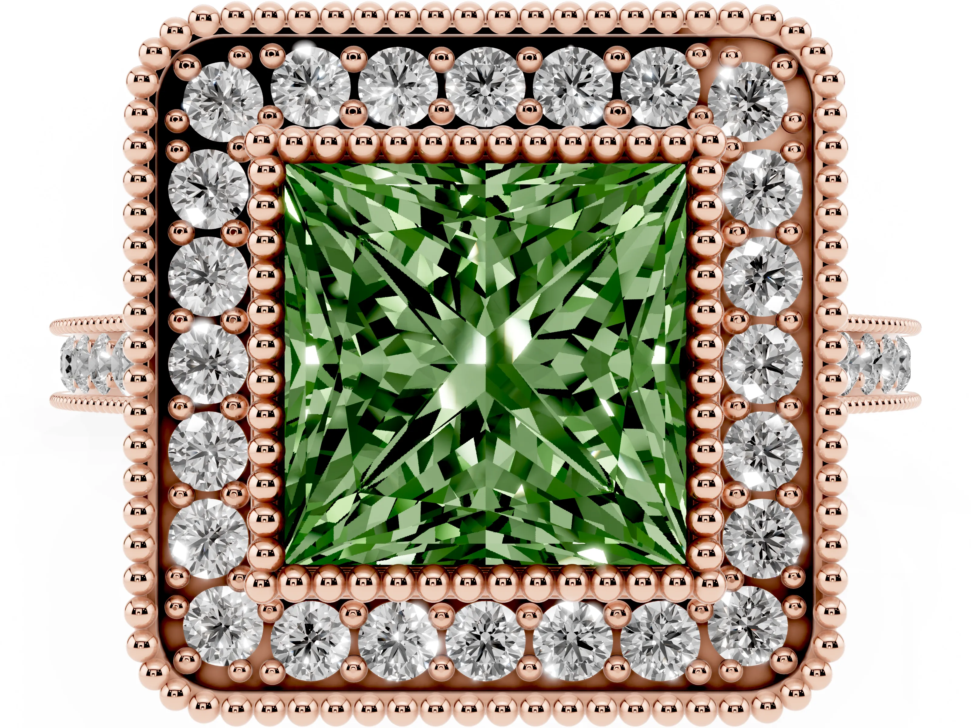 Fancy Green Princess Cut Diamond Halo Ring Set in Rose gold with Milgrain Frame and Pavé Band