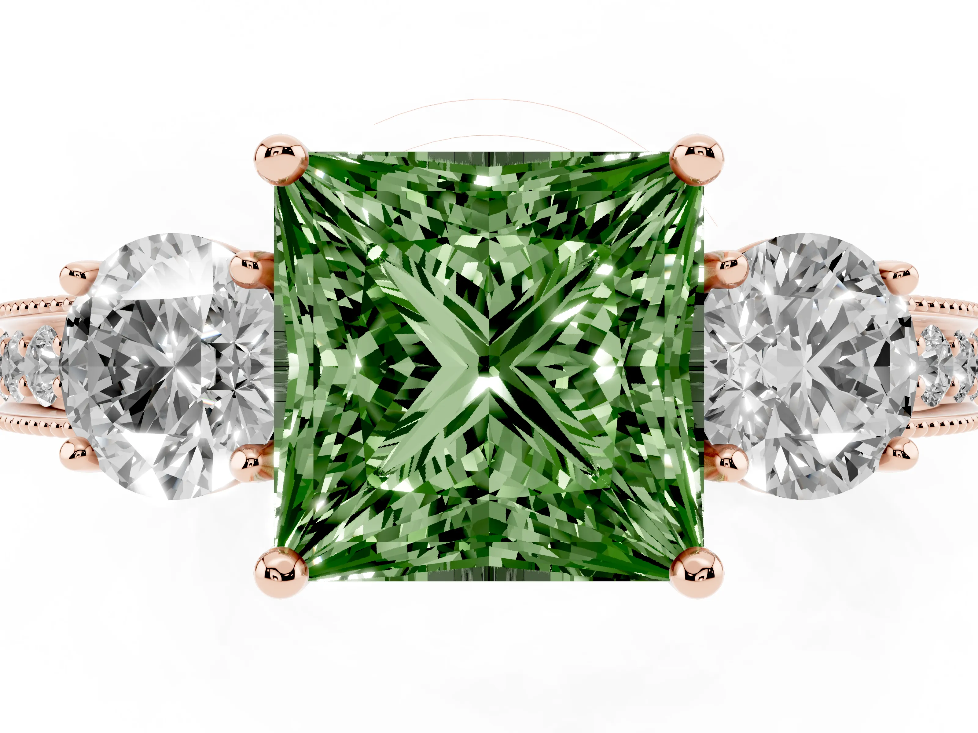 Fancy Green Princess Cut Diamond Three-Stone Ring Set in Rose gold with Round Side Stones and Pavé Band