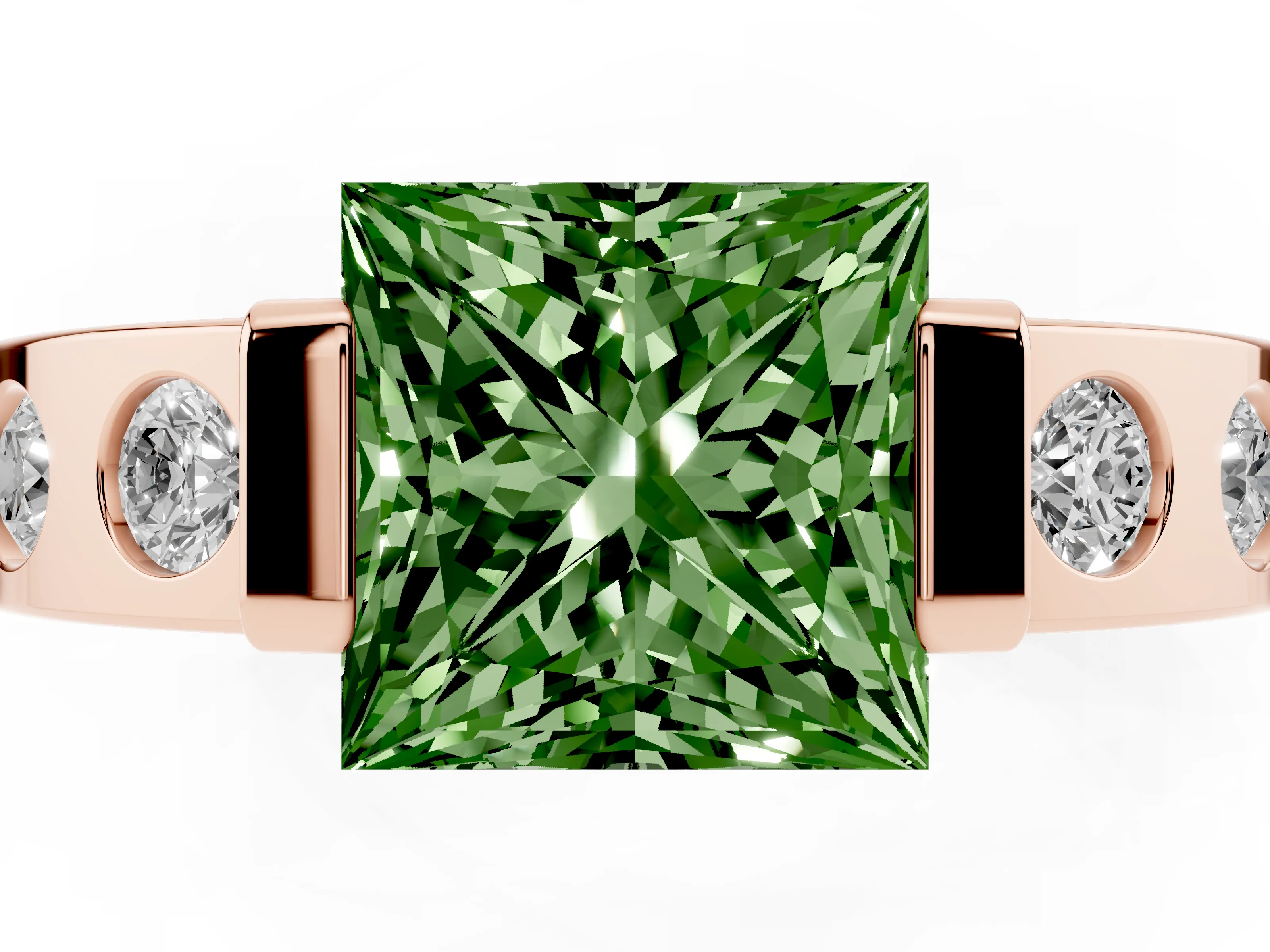 Fancy Green Princess Cut Diamond Channel-Set Band Ring Set in Rose gold with Bezel Prong Setting
