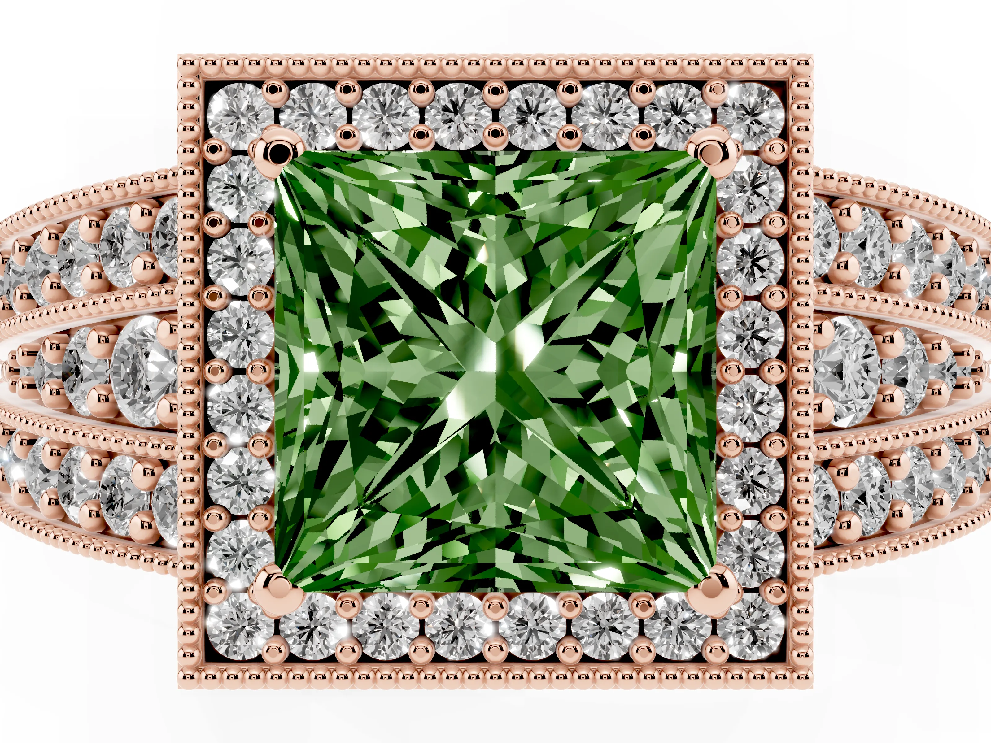 Fancy Green Princess Cut Diamond Halo Ring Set in Rose gold with Accent Split Shank and Prong Setting