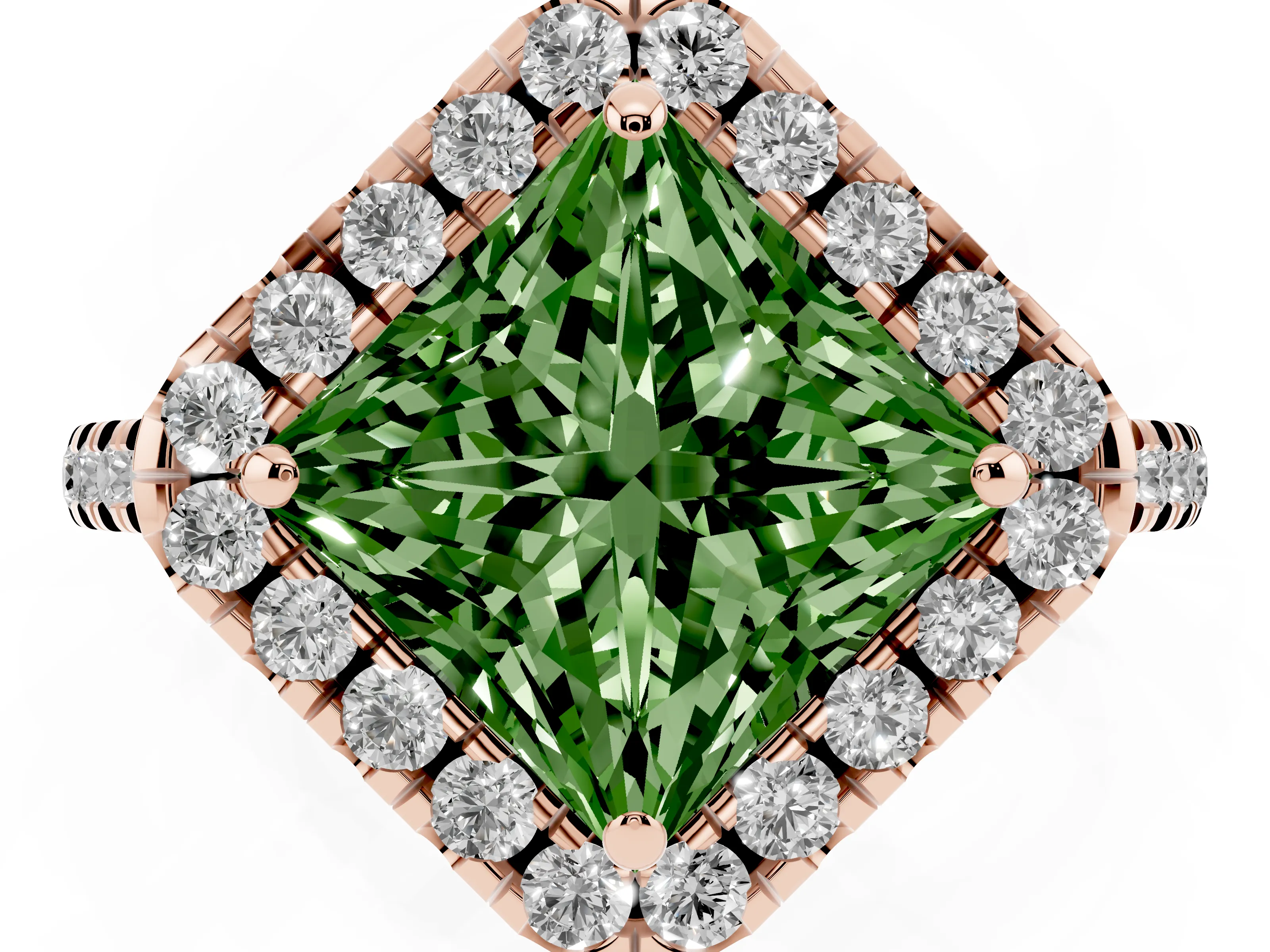 Fancy Green Princess Cut Diamond Cushion Halo Ring Set in Rose gold with Pavé Band