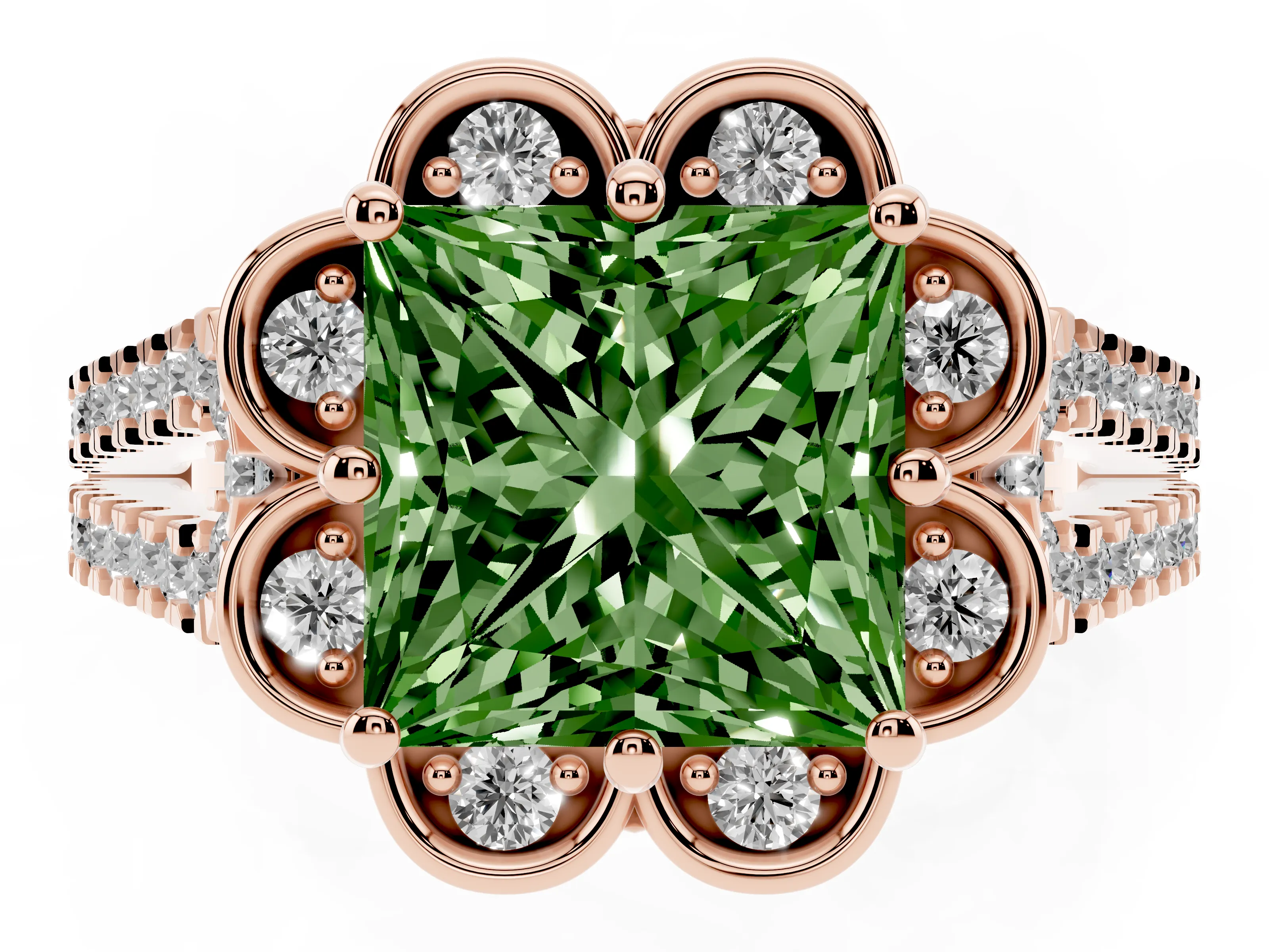 Fancy Green Princess Cut Diamond Floral Halo Split Shank Engagement Ring Set in Rose gold with Pavé Shank