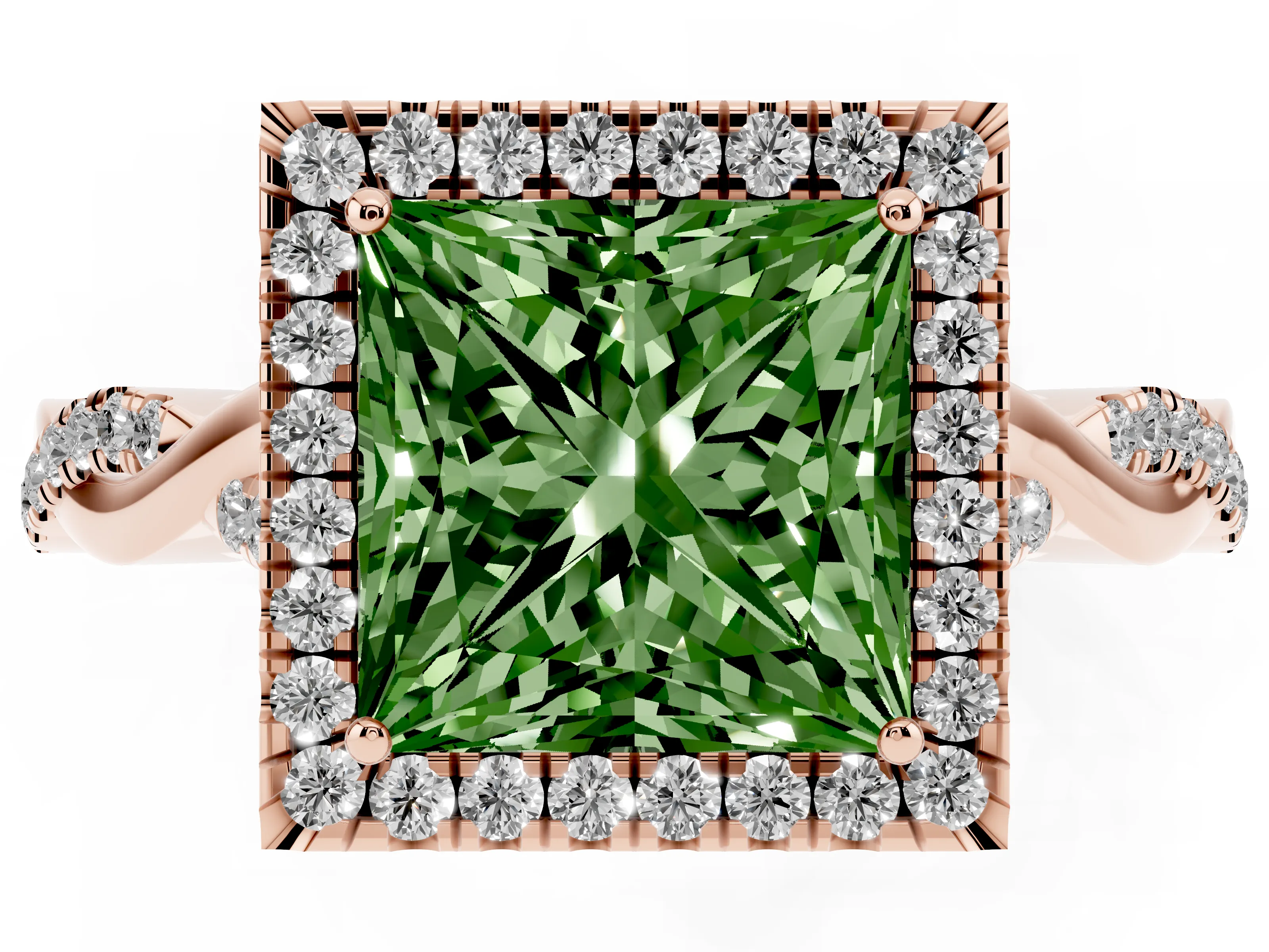 Fancy Green Princess Cut Diamond Halo Twist Band Solitaire Ring Set in Rose gold with Prong Setting