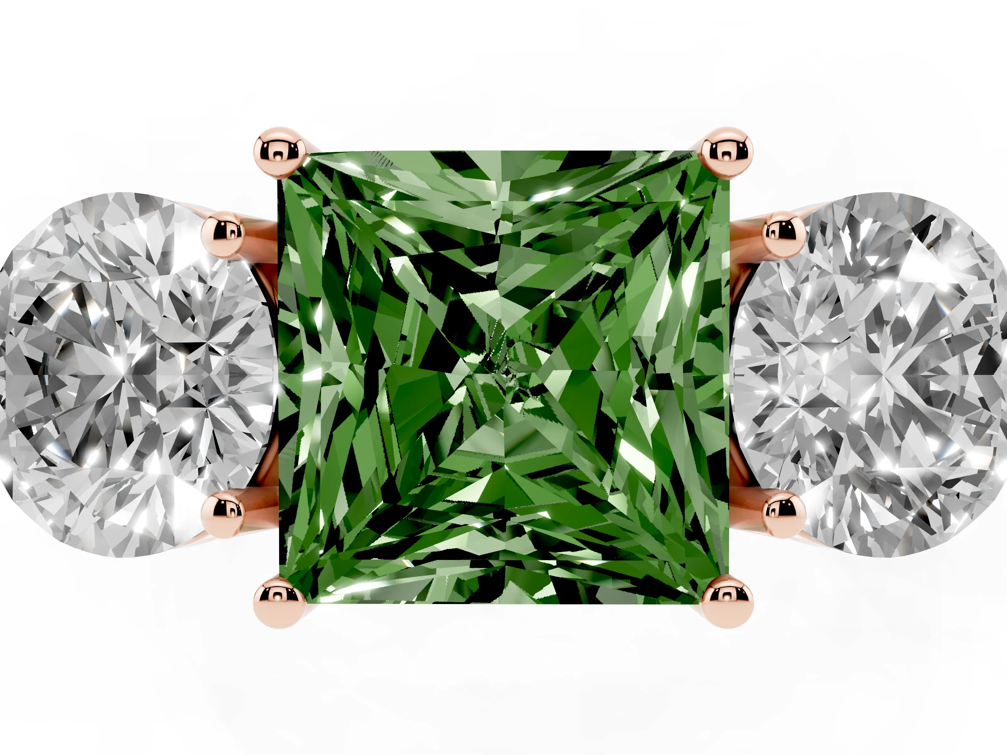 Fancy Green Princess Cut Diamond Three-Stone Ring Set in Rose gold with Prong Setting and Plain Band