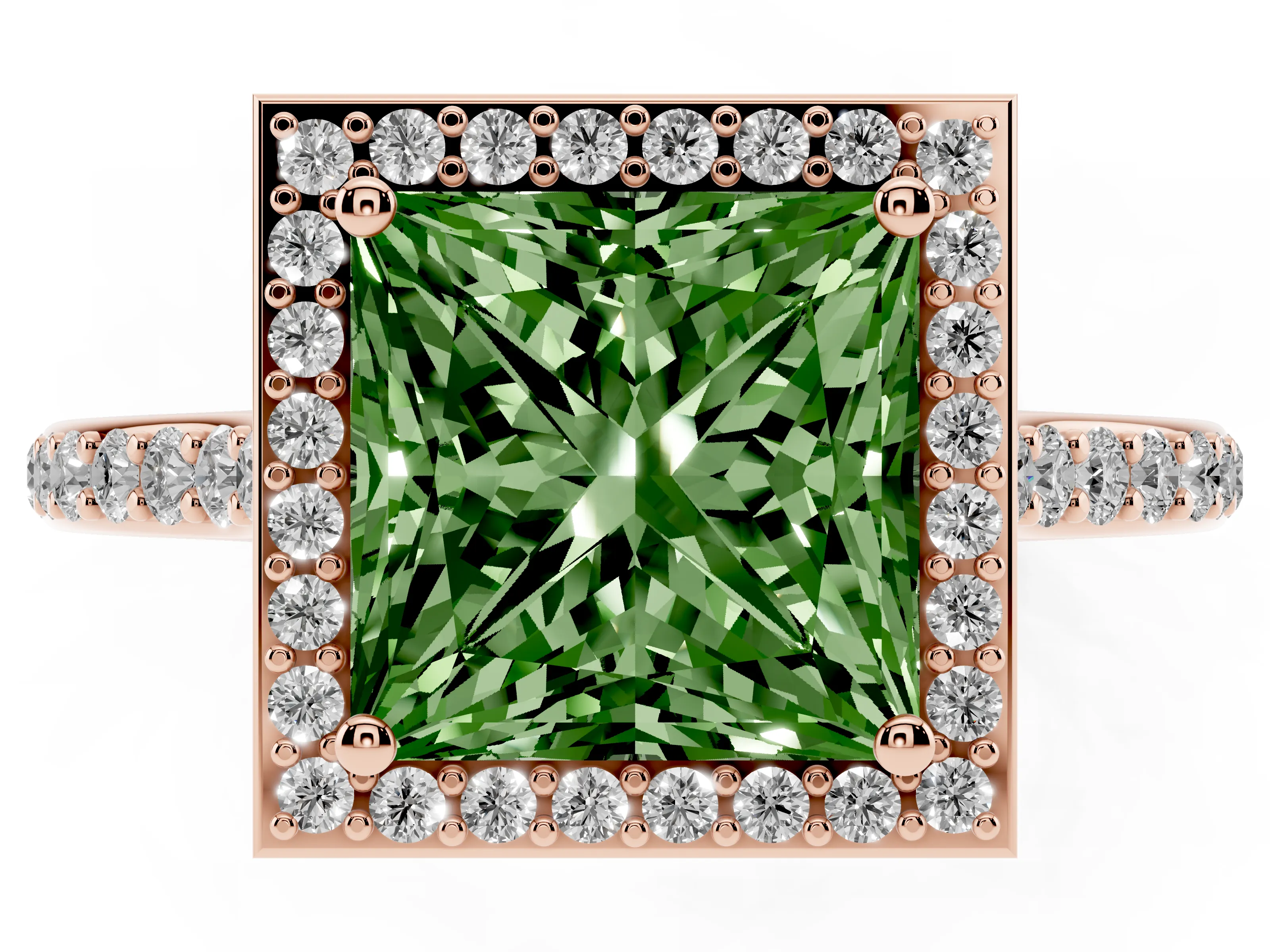 Fancy Green Princess Cut Diamond Halo Engagement Ring Set in Rose gold with Round Pavé Shoulders and Heart Gallery