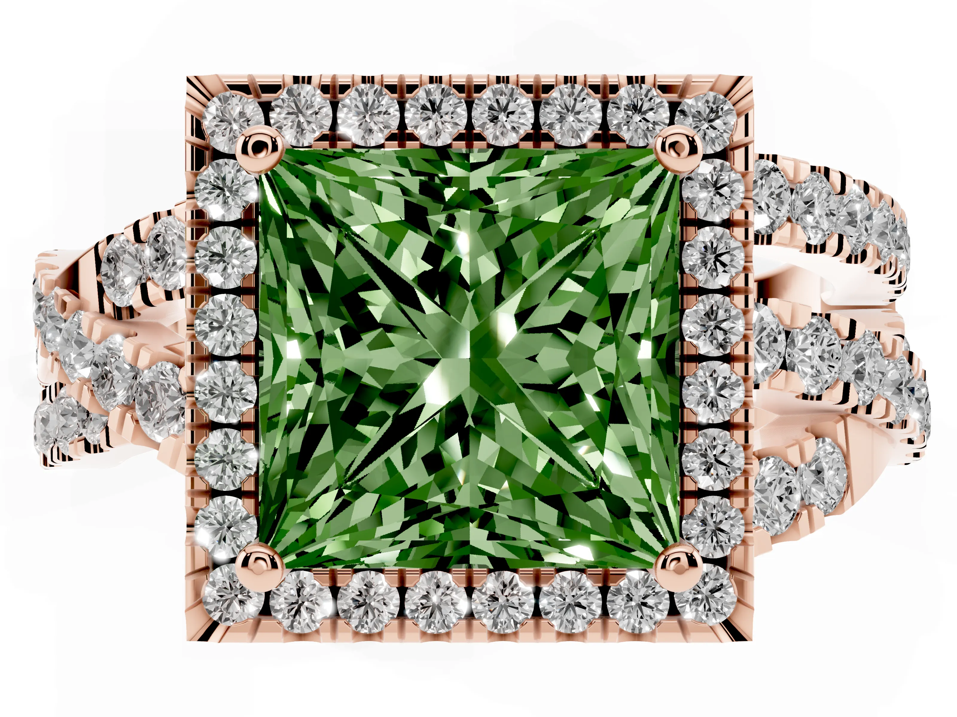 Fancy Green Princess Cut Diamond Halo Ring Set in Rose gold with Round Crossover Split Shank and Prong Setting