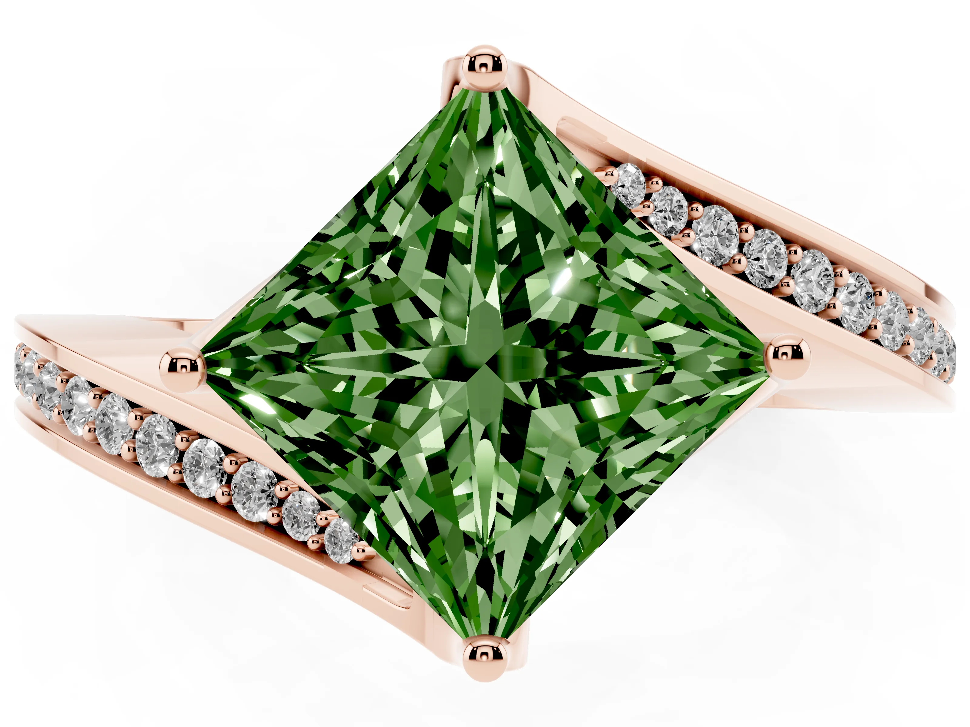 Fancy Green Princess Cut Diamond Solitaire Ring Set in Rose gold with Intertwined Pavé Twist Band