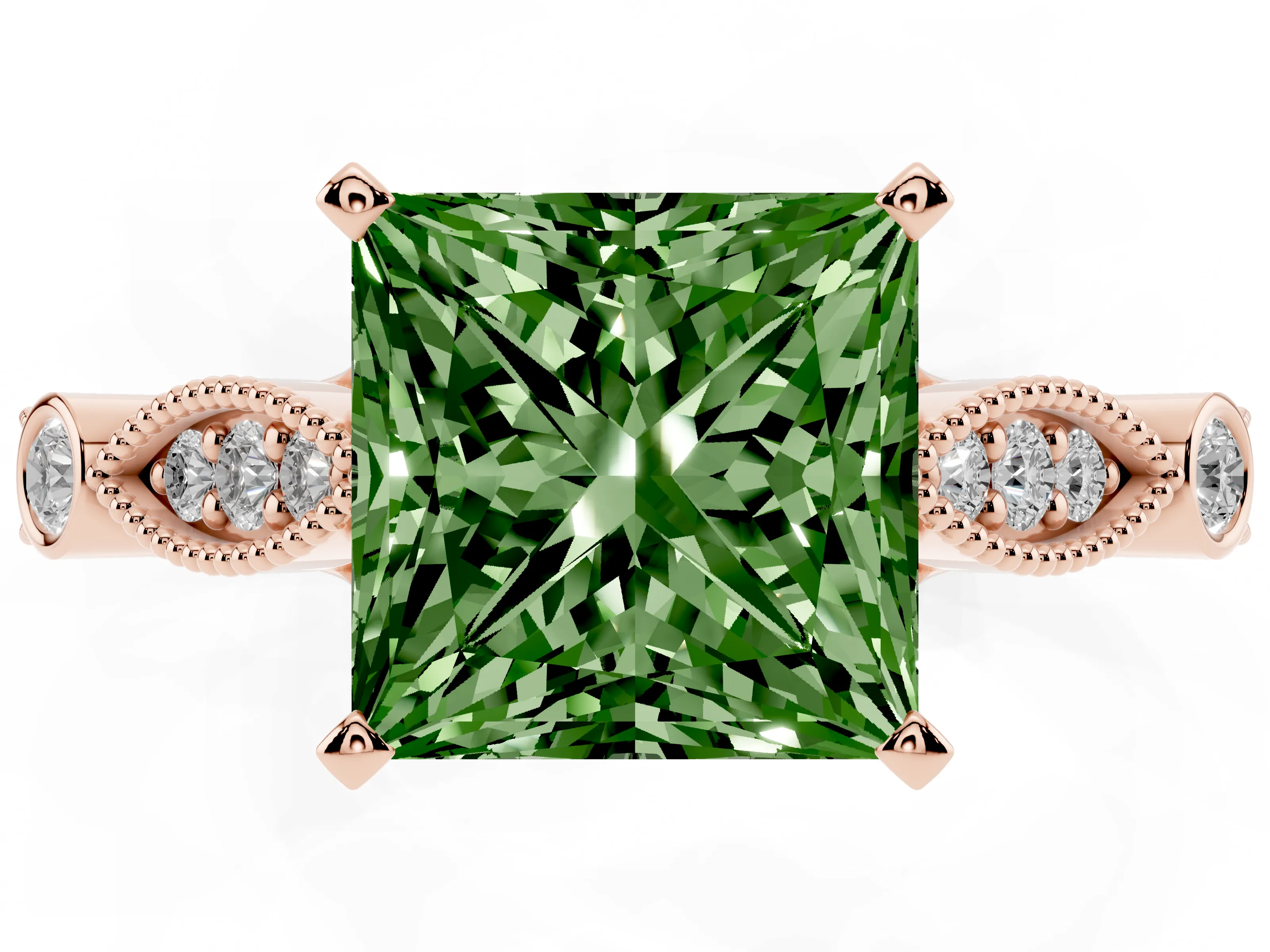 Fancy Green Princess Cut Diamond Solitaire Ring Set in Rose gold with Milgrain Marquise and Bezel Accents