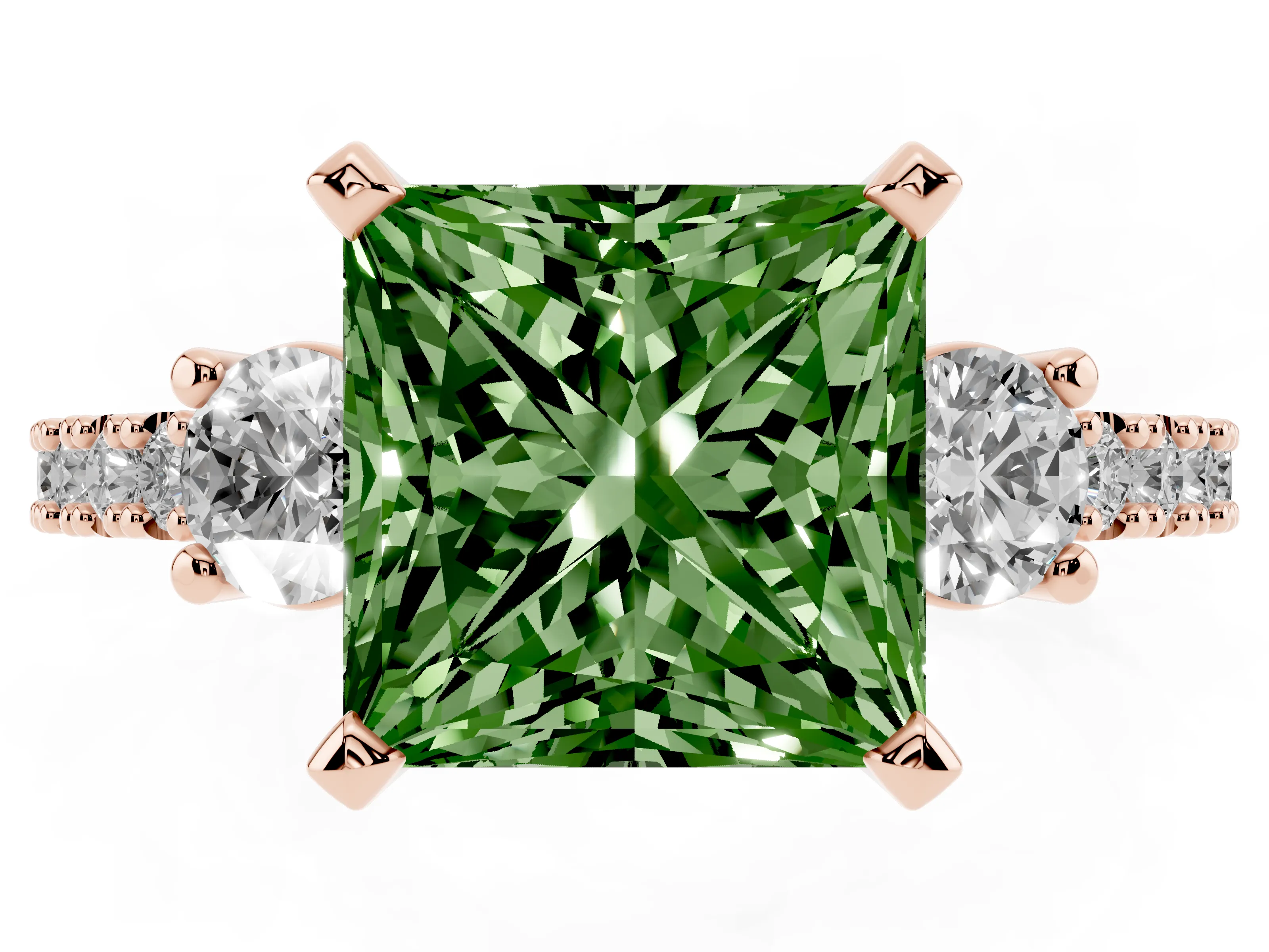 Fancy Green Three-Stone Princess Cut Diamond Pavé Band Ring Set in Rose gold with Prong Setting