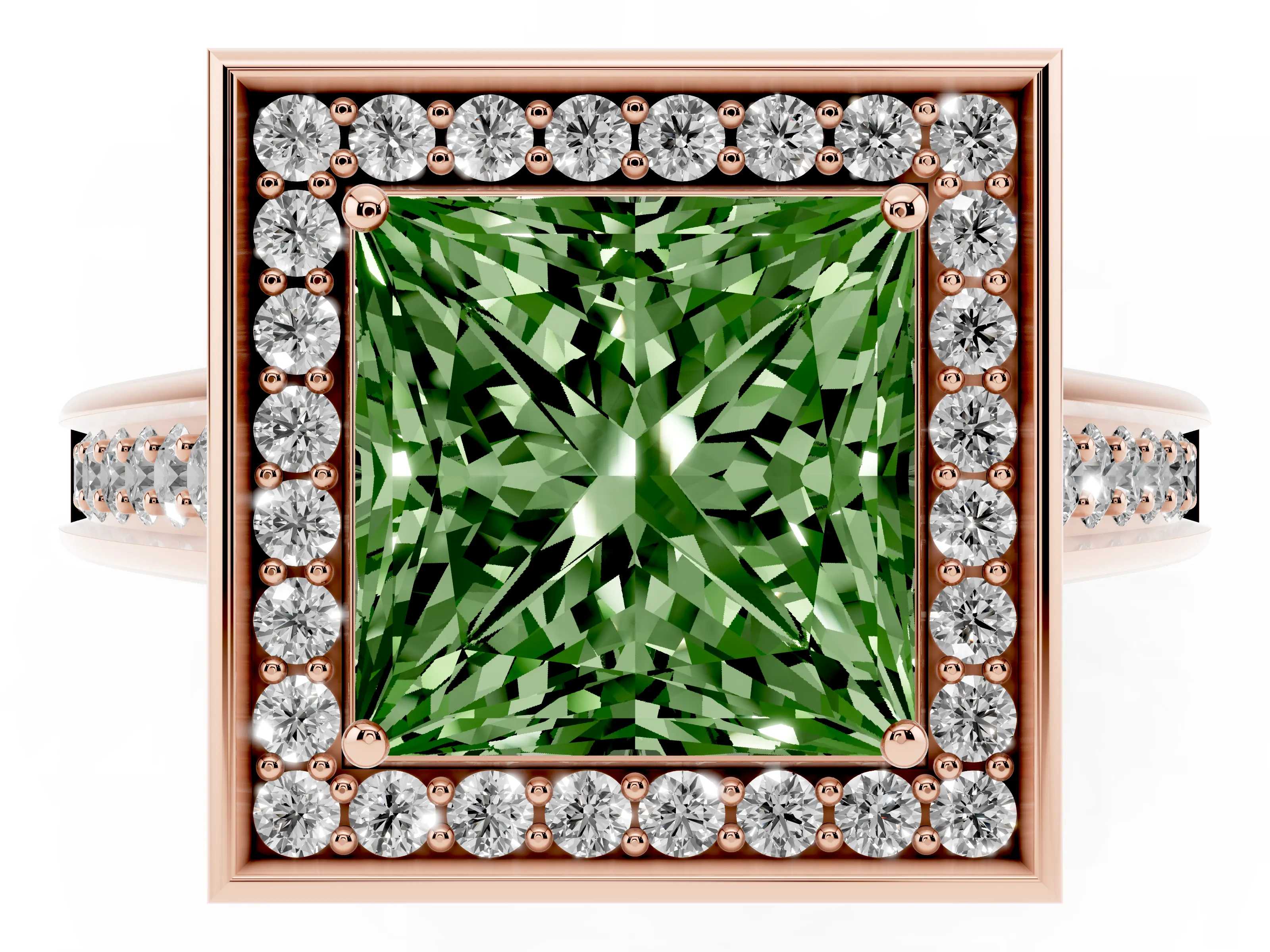 Fancy Green Princess Cut Diamond Halo Solitaire Ring Set in Rose gold with Pavé Band and Bezel Setting