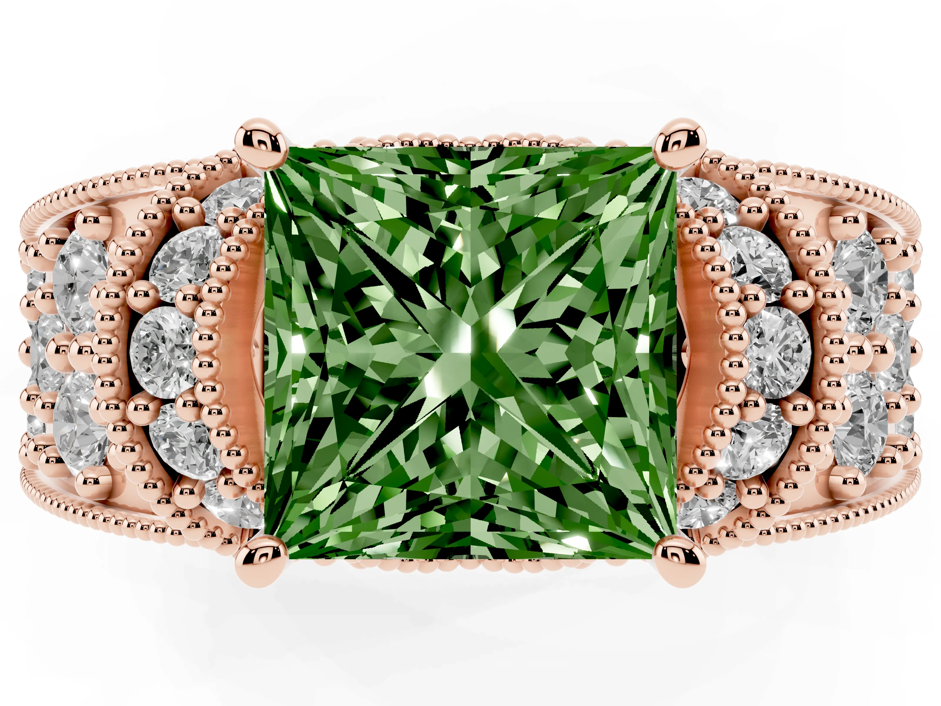 Fancy Green Princess Cut Diamond Milgrain Halo Pavé Engagement Ring Set in Rose gold with Prong Setting