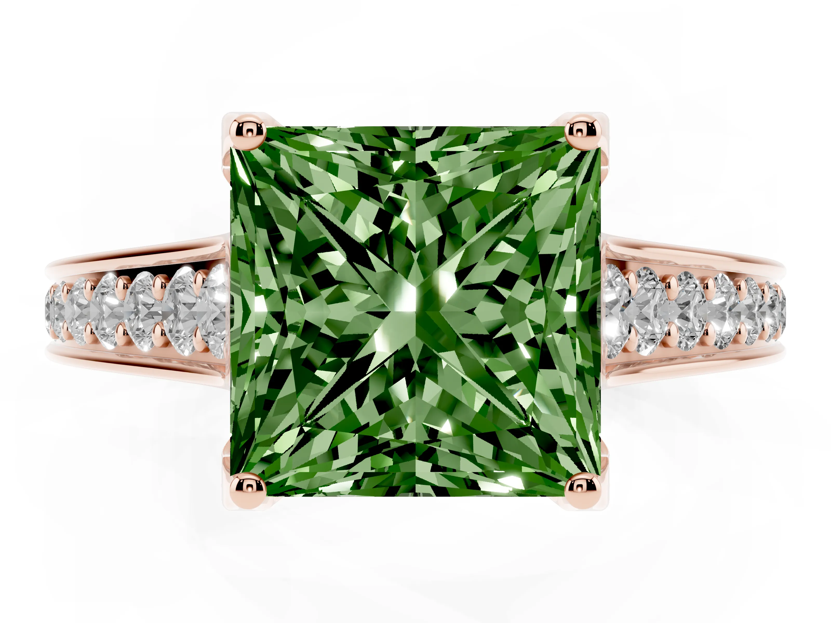 Fancy Green Princess Cut Diamond Solitaire Pavé Engagement Ring Set in Rose gold with Prong Setting