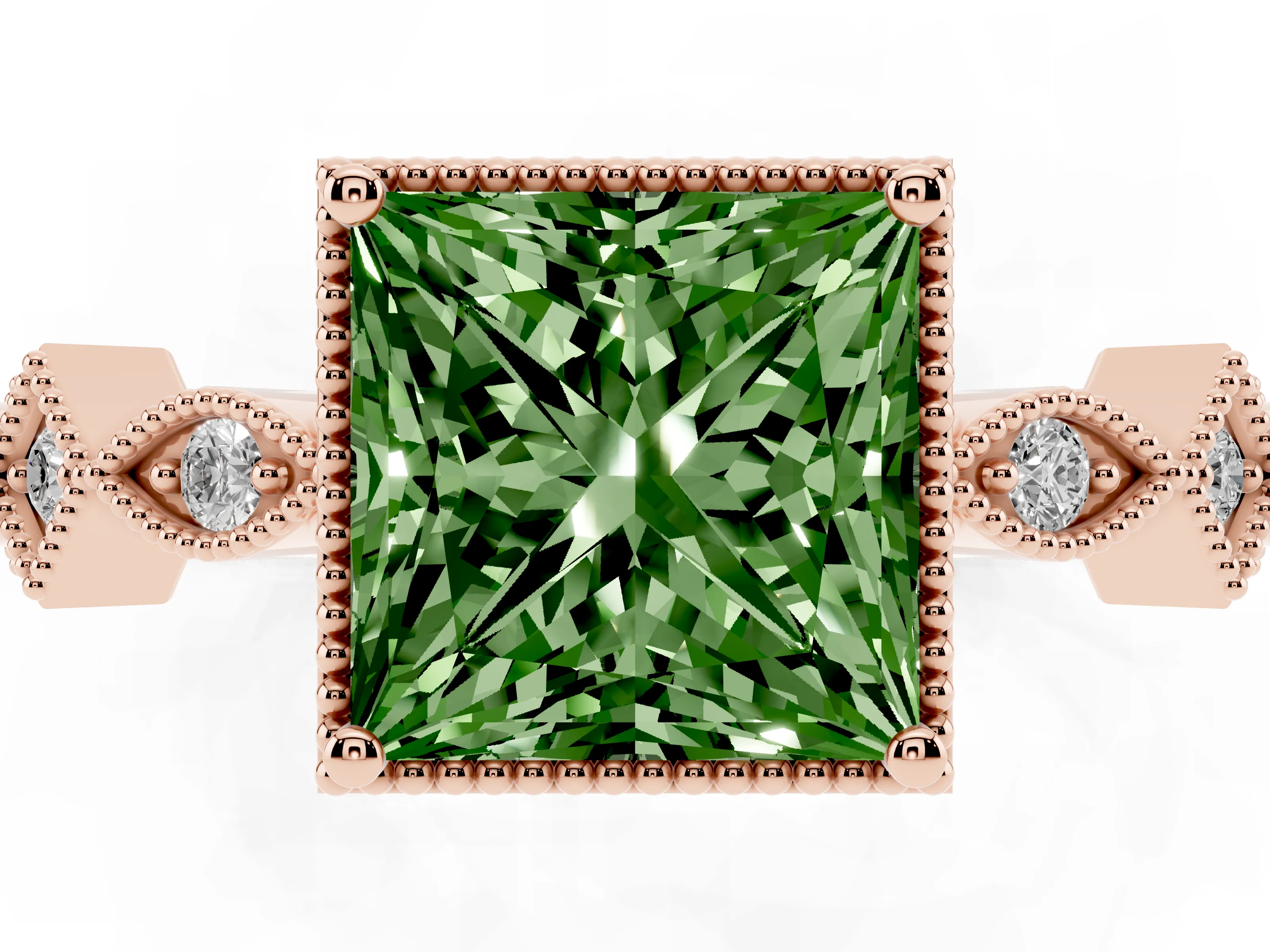 Fancy Green Princess Cut Diamond Milgrain Marquise Twist Band Ring Set in Rose gold with Prong Setting