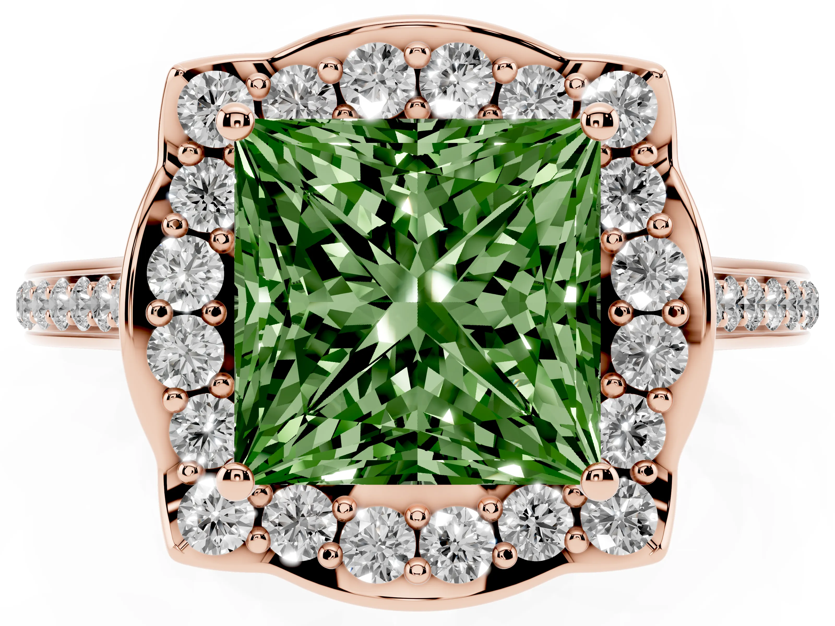 Fancy Green Princess Cut Diamond Halo Ring Set in Rose gold with Pavé-Lined Shoulders and Prong Setting