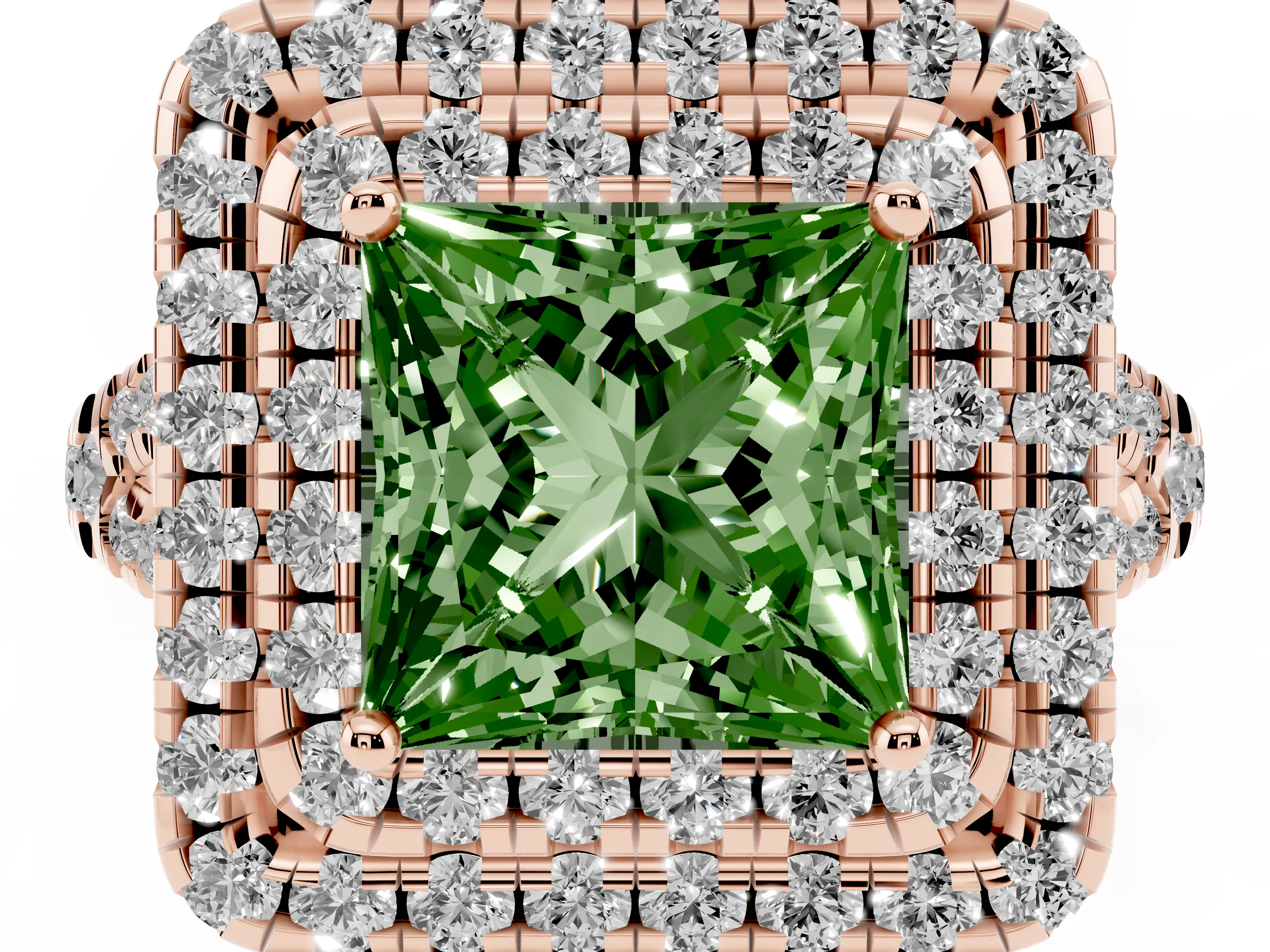 Fancy Green Princess Cut Diamond Double Halo Ring Set in Rose gold with Pavé Split Shank and Prong Setting