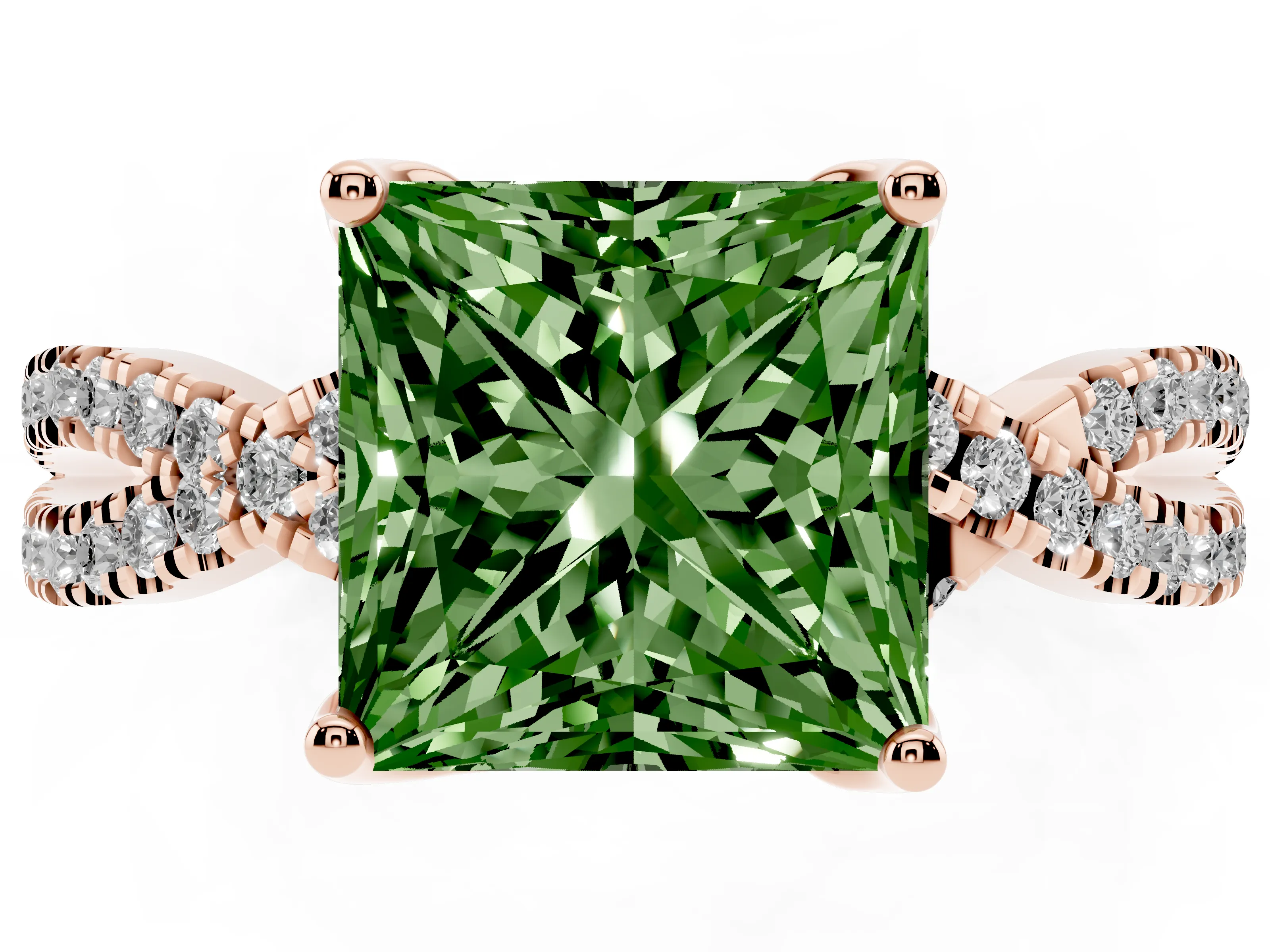 Fancy Green Princess Cut Diamond Twist Pavé Solitaire Engagement Ring Set in Rose gold with Prong Setting