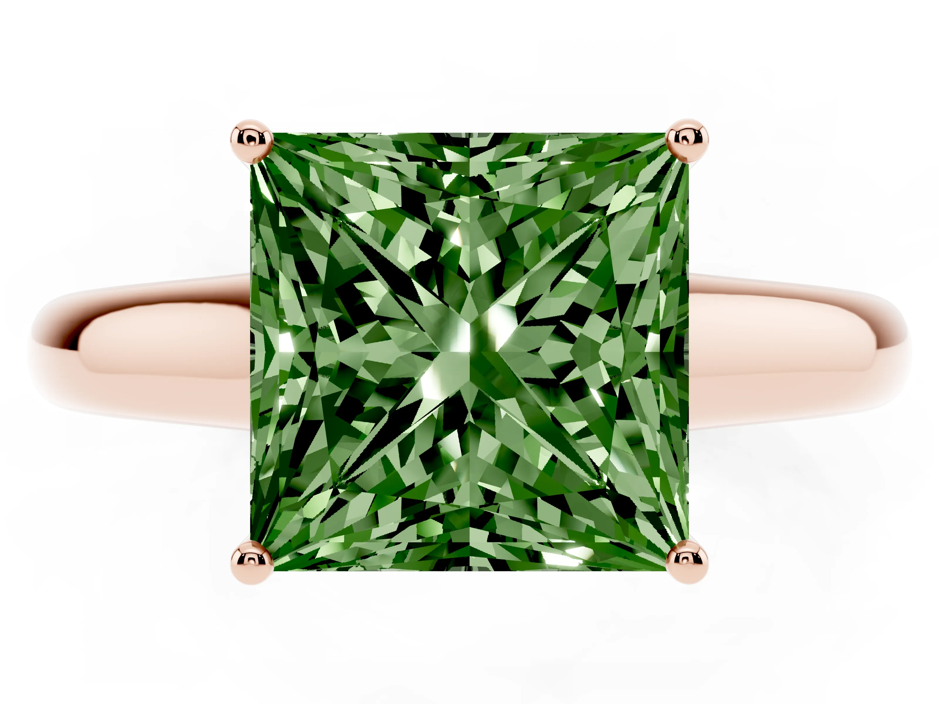 Fancy Green Princess Cut Diamond Solitaire Engagement Ring Set in Rose gold with Subtly Tapered Band and Prong Setting