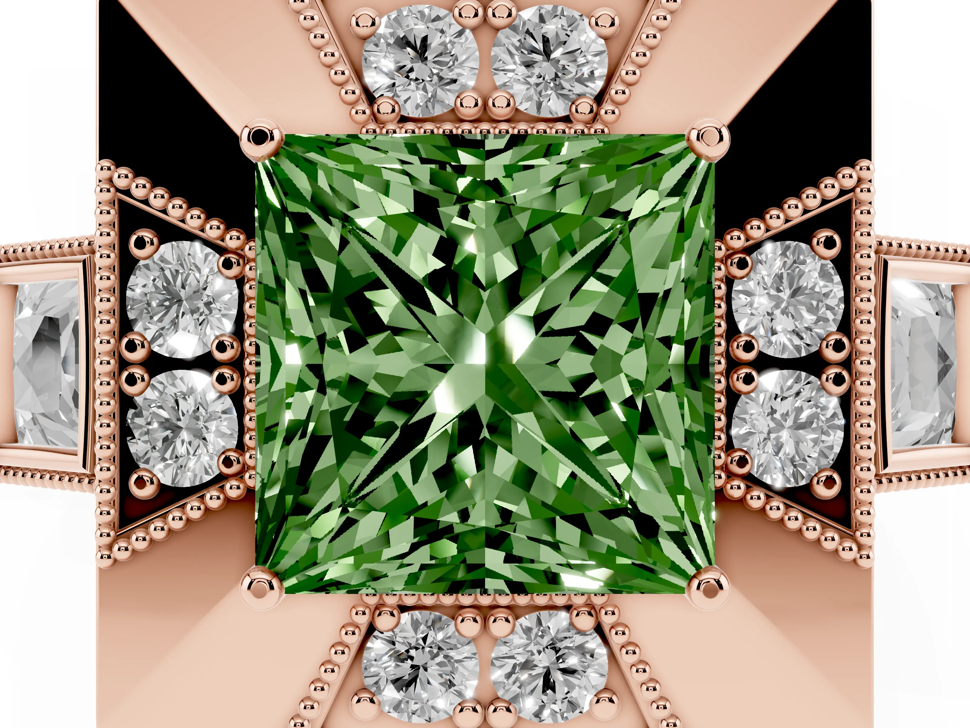 Fancy Green Princess Cut Diamond Milgrain Halo Ring Set in Rose gold with Split Shank