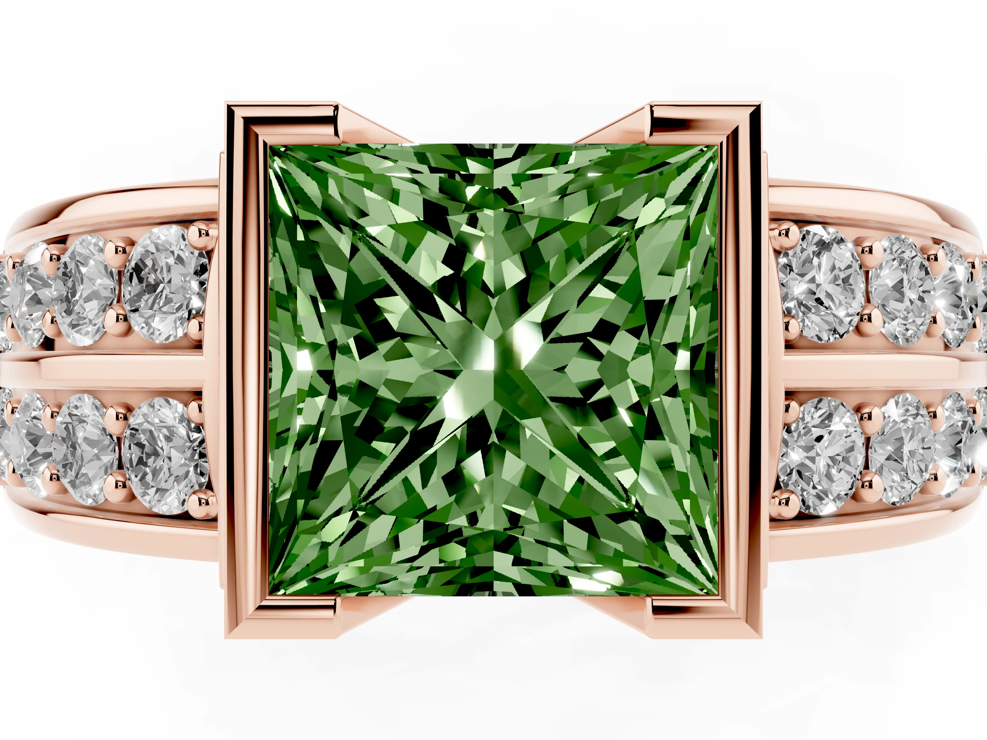 Fancy Green Princess Cut Diamond Wide Channel Set Band Ring Set in Rose gold with Bezel Setting