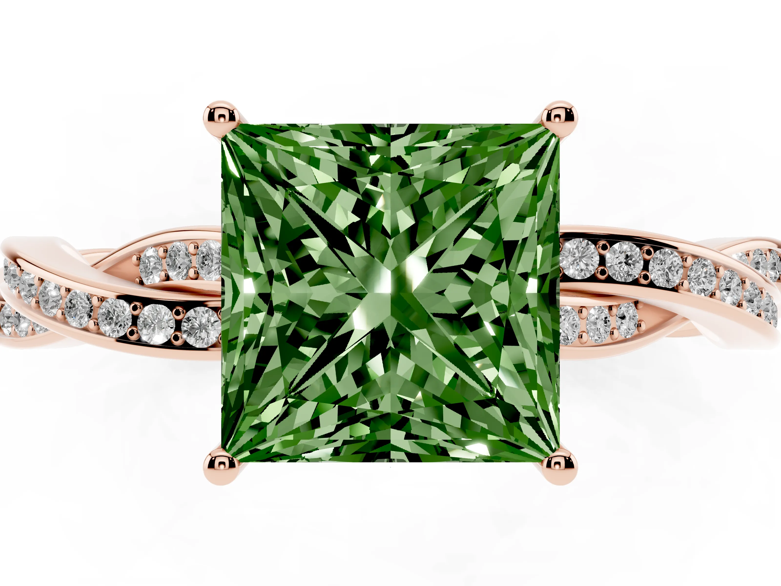 Fancy Green Princess Cut Diamond Solitaire Twisted Pavé Ring Set in Rose gold with Prong Setting