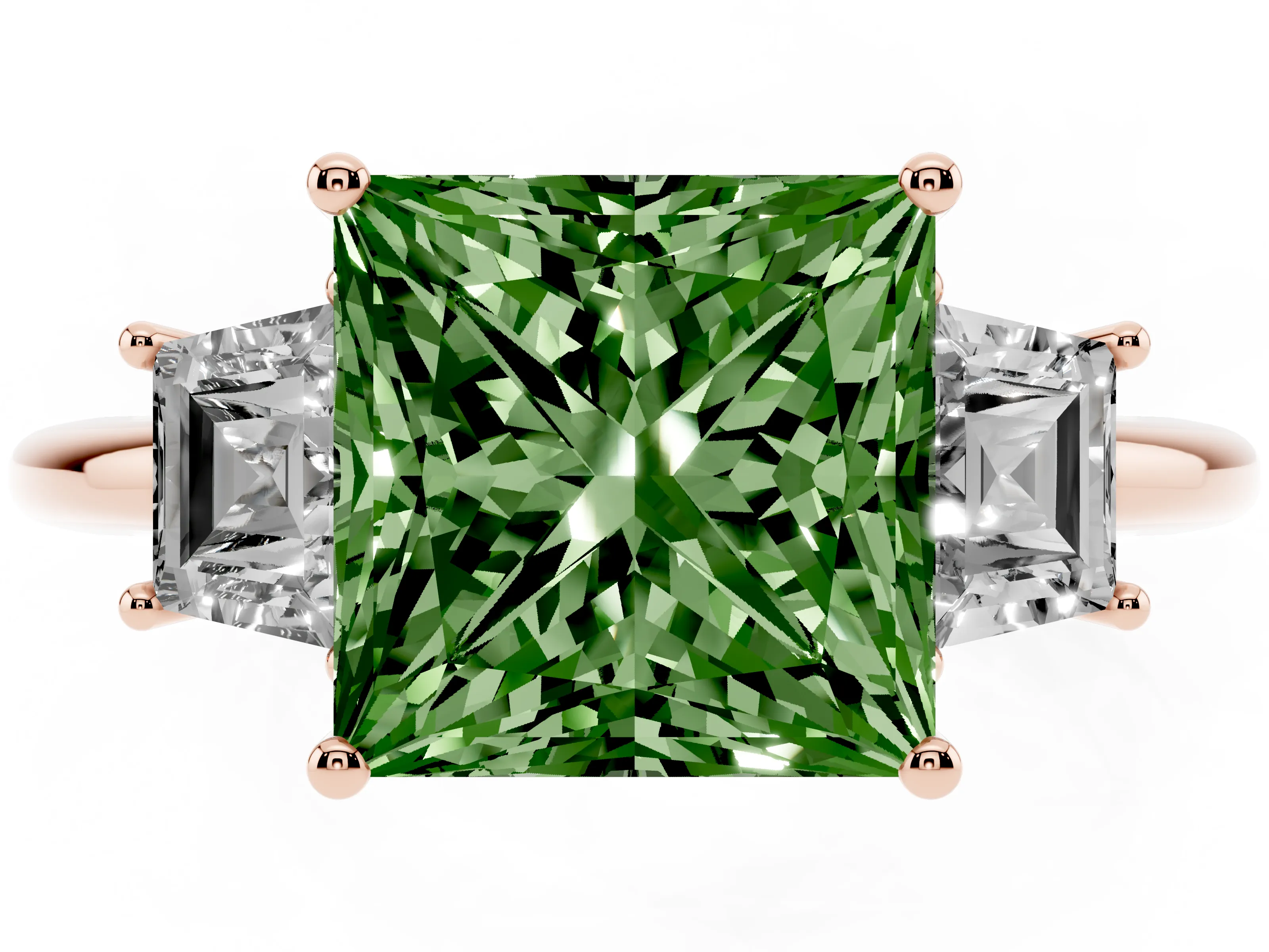 Fancy Green Princess Cut Diamond Three-Stone Ring Set in Rose gold with Trapezoid Side Stones and Prong Setting