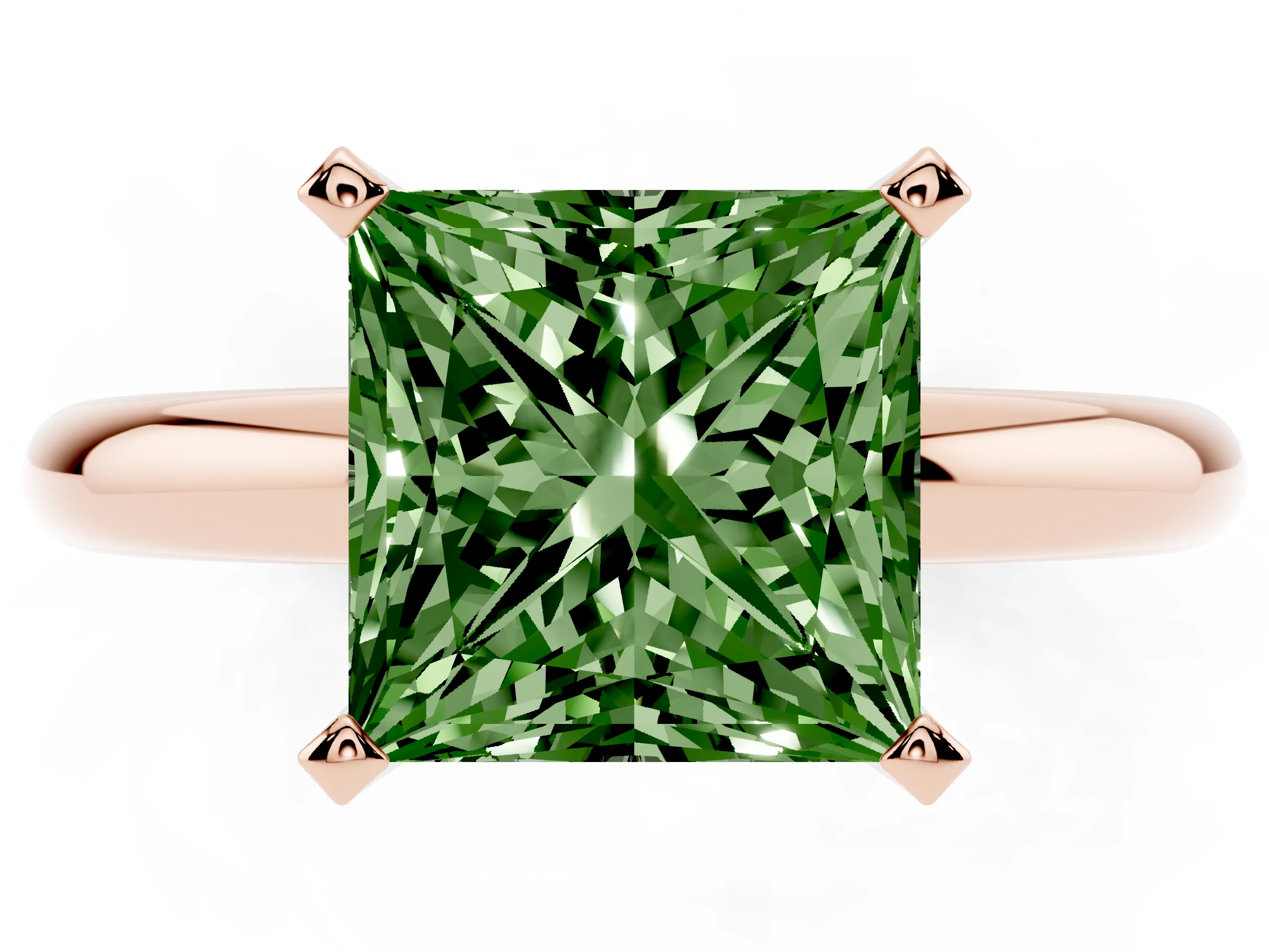 Fancy Green Princess Cut Diamond Solitaire Engagement Ring Set in Rose gold with Round Band and Prong Setting