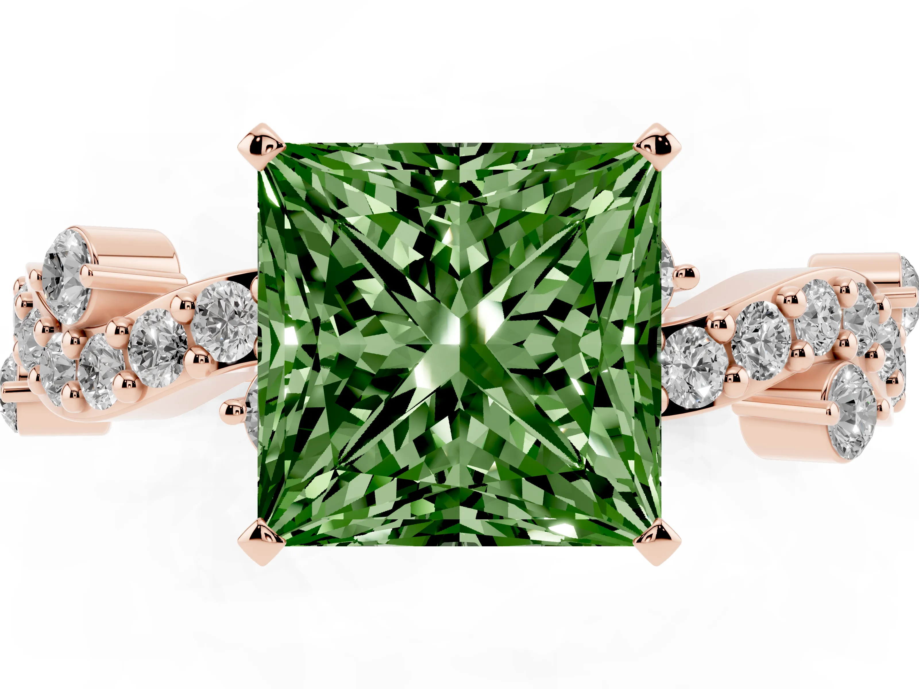 Fancy Green Princess Cut Diamond Solitaire Twisted Band Set in Rose gold with Pavé Setting