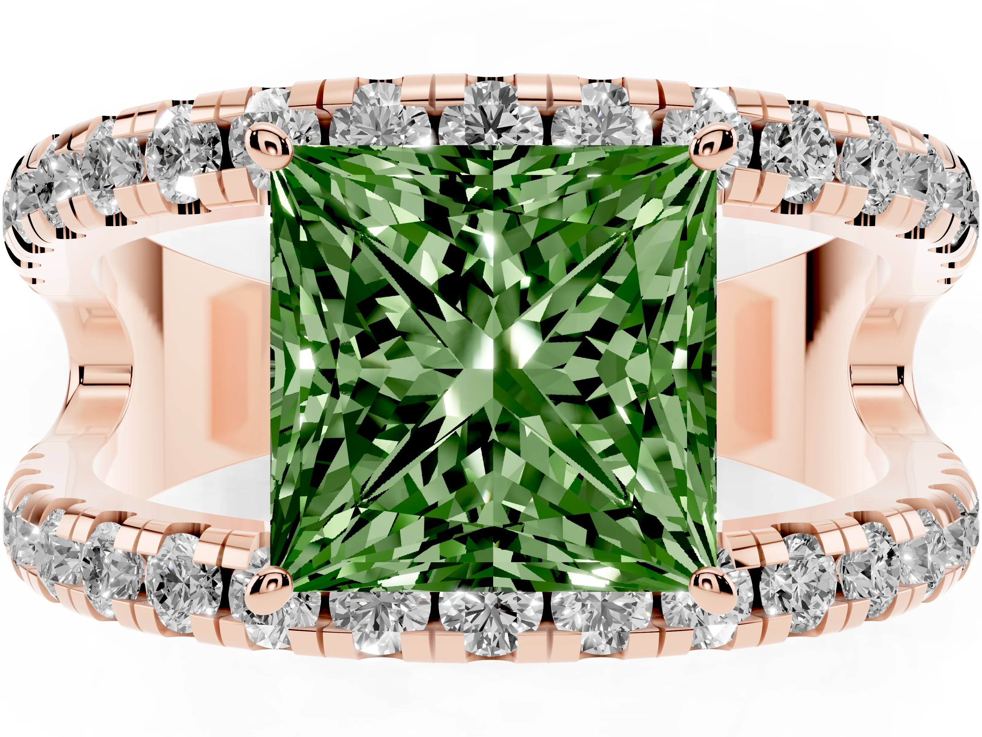 Fancy Green Princess Cut Diamond Split Shank Pavé Solitaire Ring Set in Rose gold with Open Shank Design