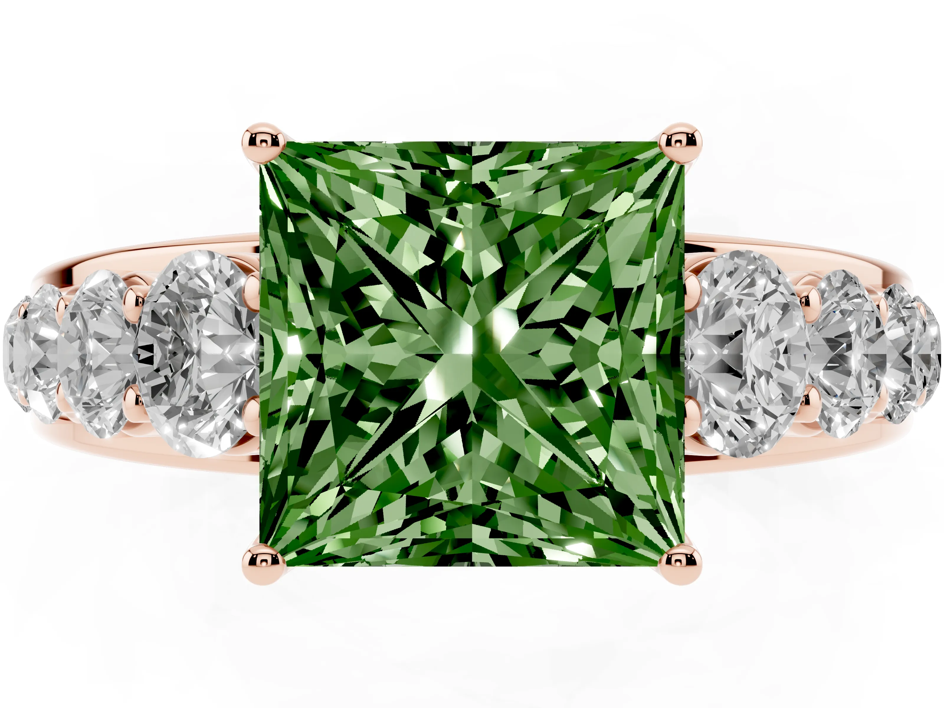 Fancy Green Princess Cut Diamond Solitaire Ring Set in Rose gold with Pavé-Set Band and Prong Setting