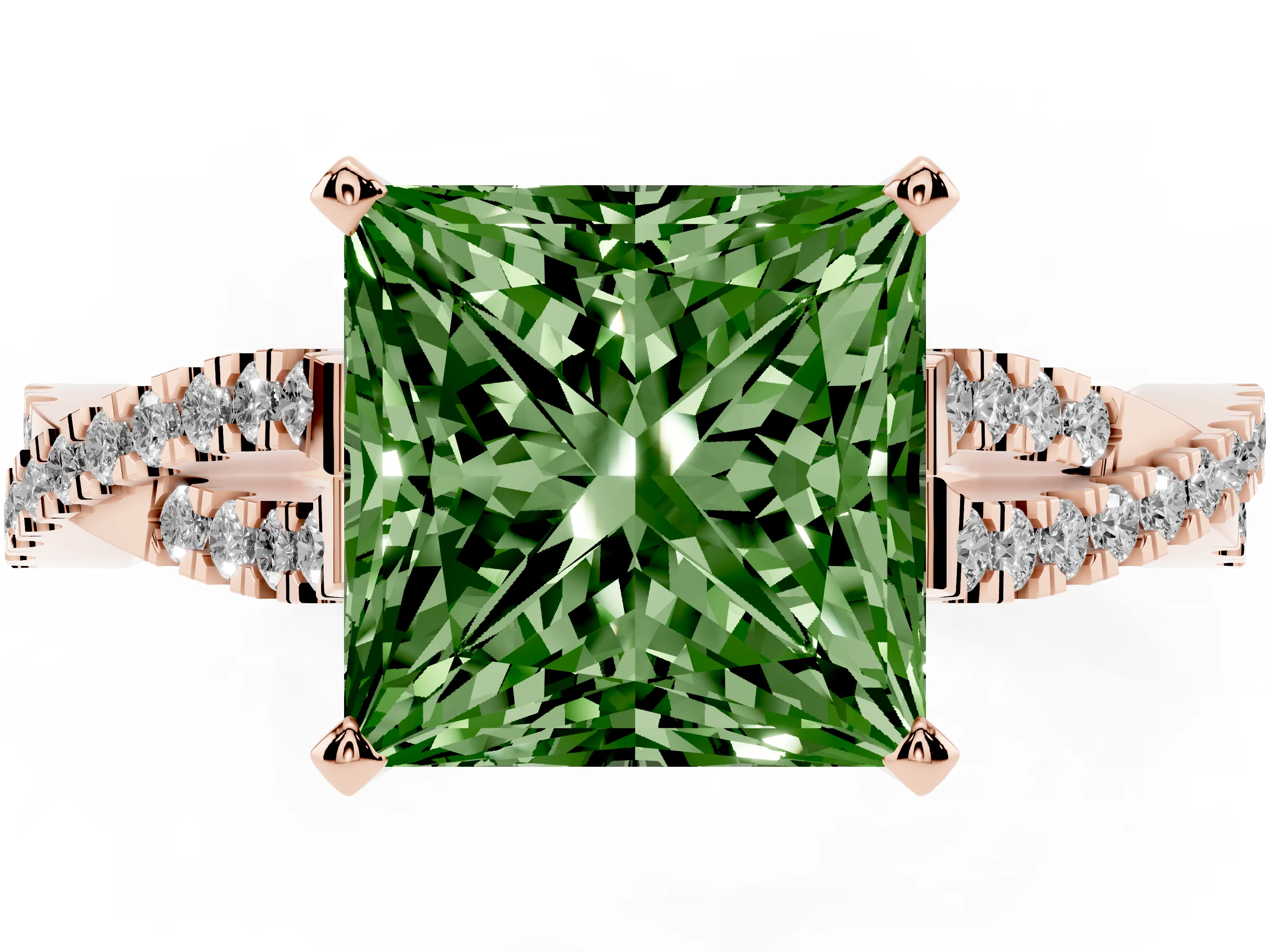 Fancy Green Princess Cut Diamond Solitaire Engagement Ring Set in Rose gold with Twisted Pavé Band and Prong Setting