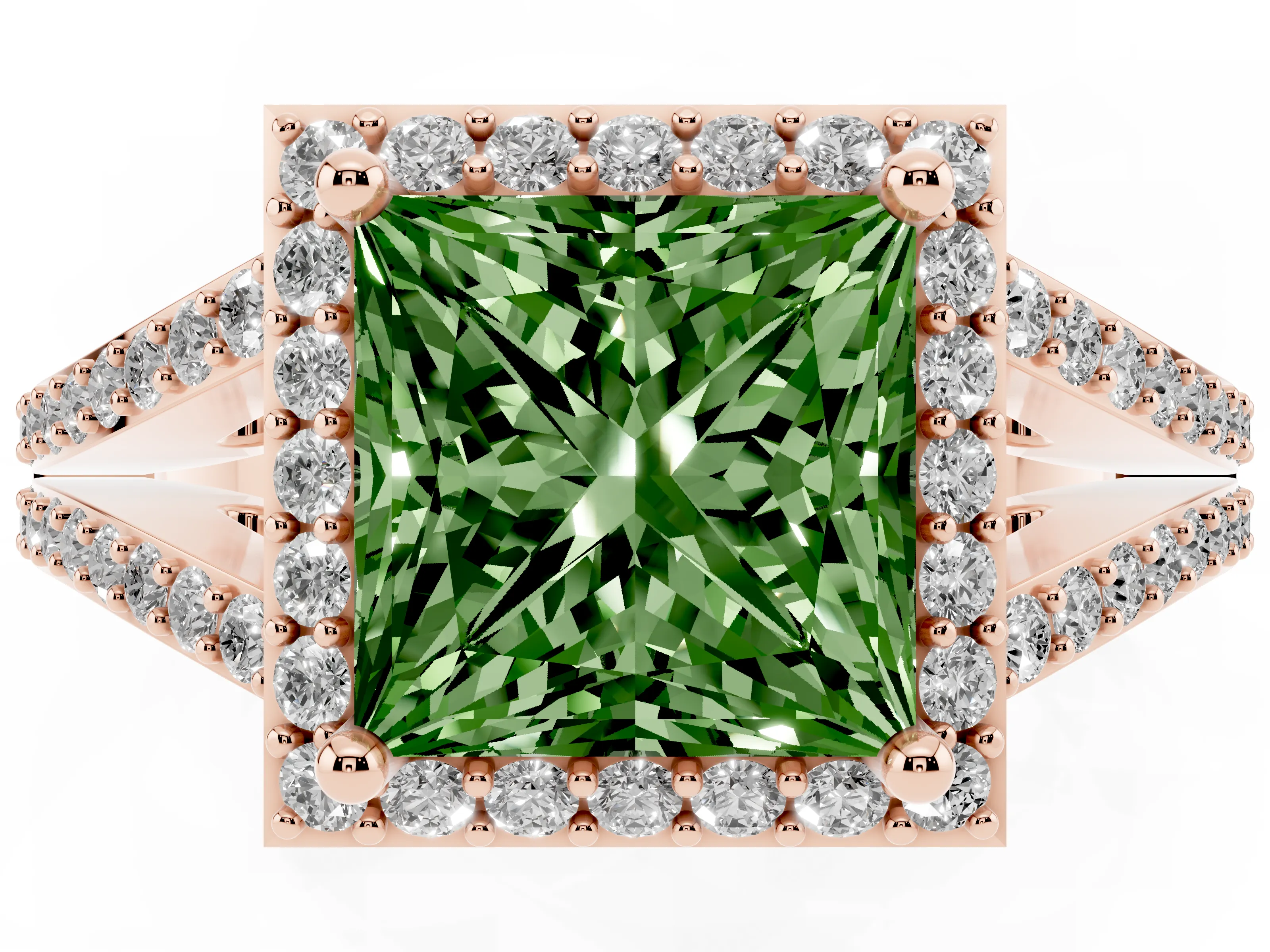 Fancy Green Princess Cut Diamond Halo Split Shank Pavé Ring Set in Rose gold with Prong Setting