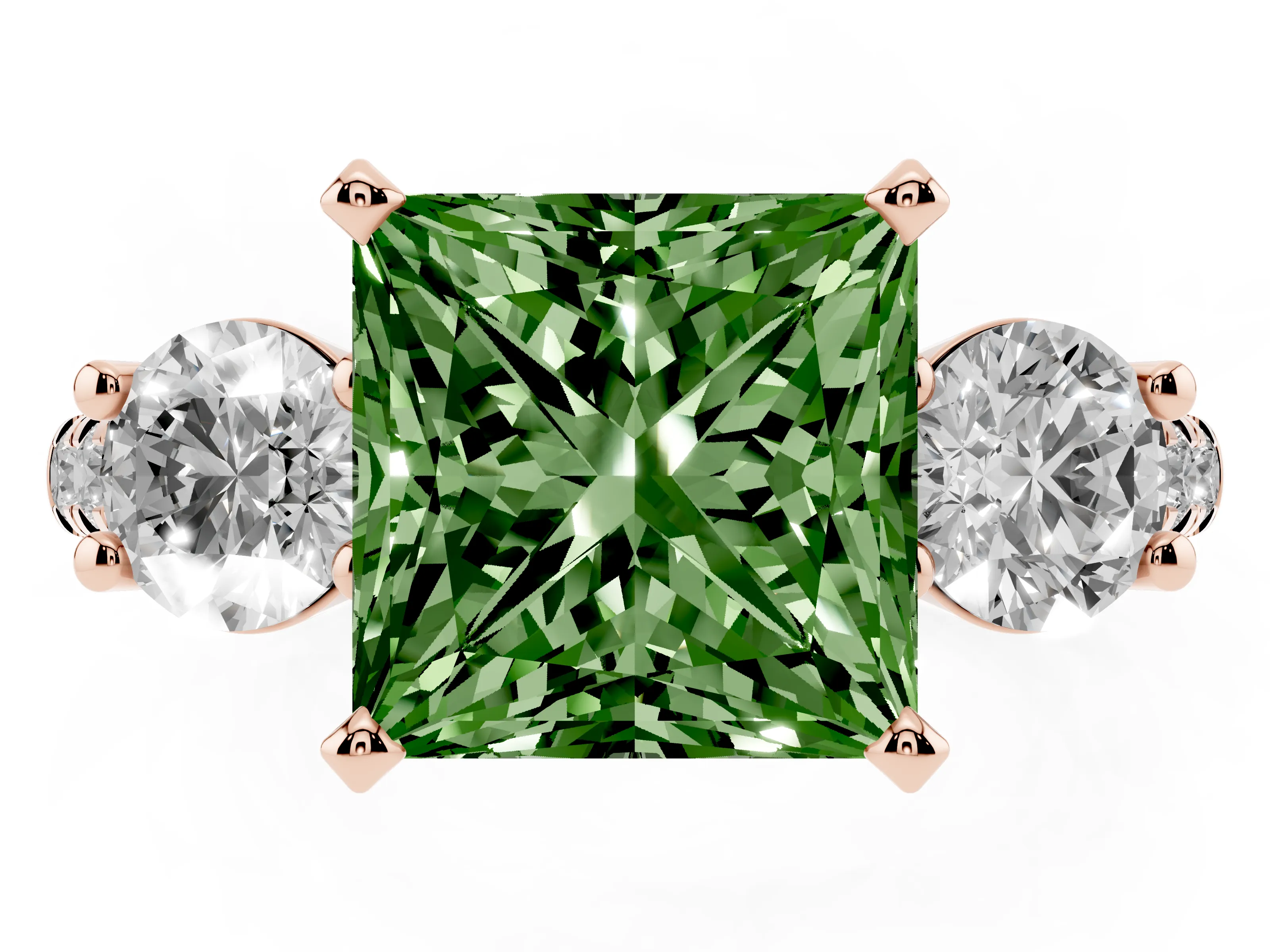 Fancy Green Three-Stone Princess Cut Diamond Pavé Band Ring Set in Rose gold with Prong-Set Trio