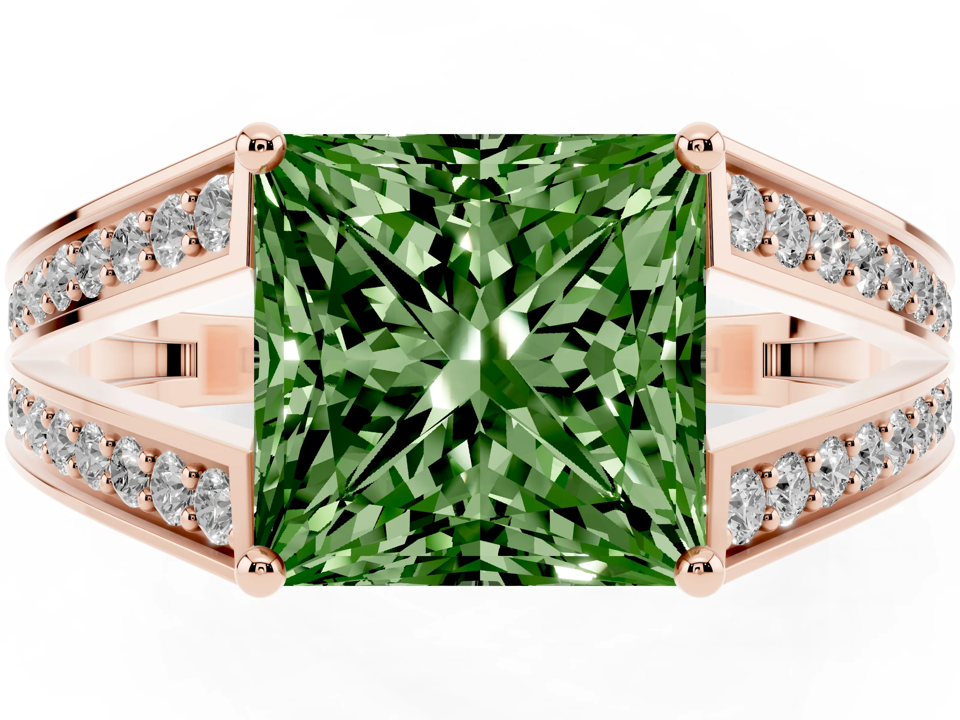 Fancy Green Princess Cut Diamond Split Shank Ring Set in Rose gold with Pavé Band and Prong Setting