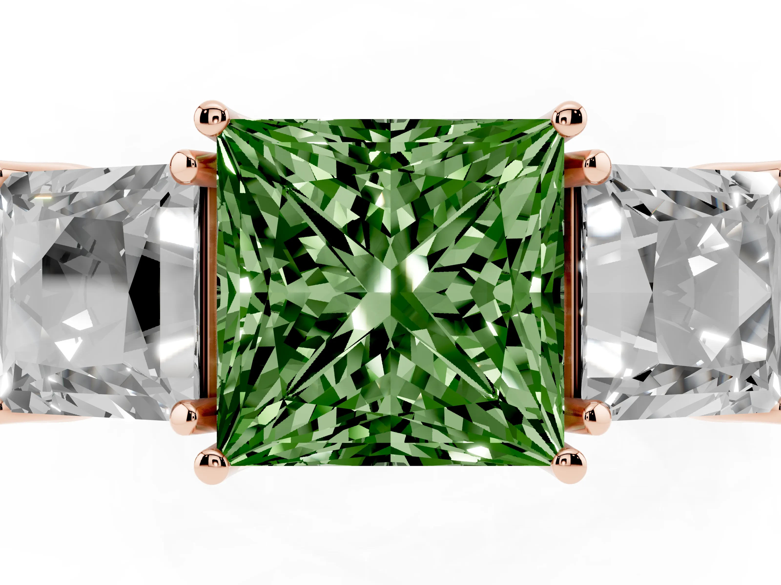 Fancy Green Princess Cut Diamond Three-Stone Engagement Ring Set in Rose gold with Milgrain Pavé Band