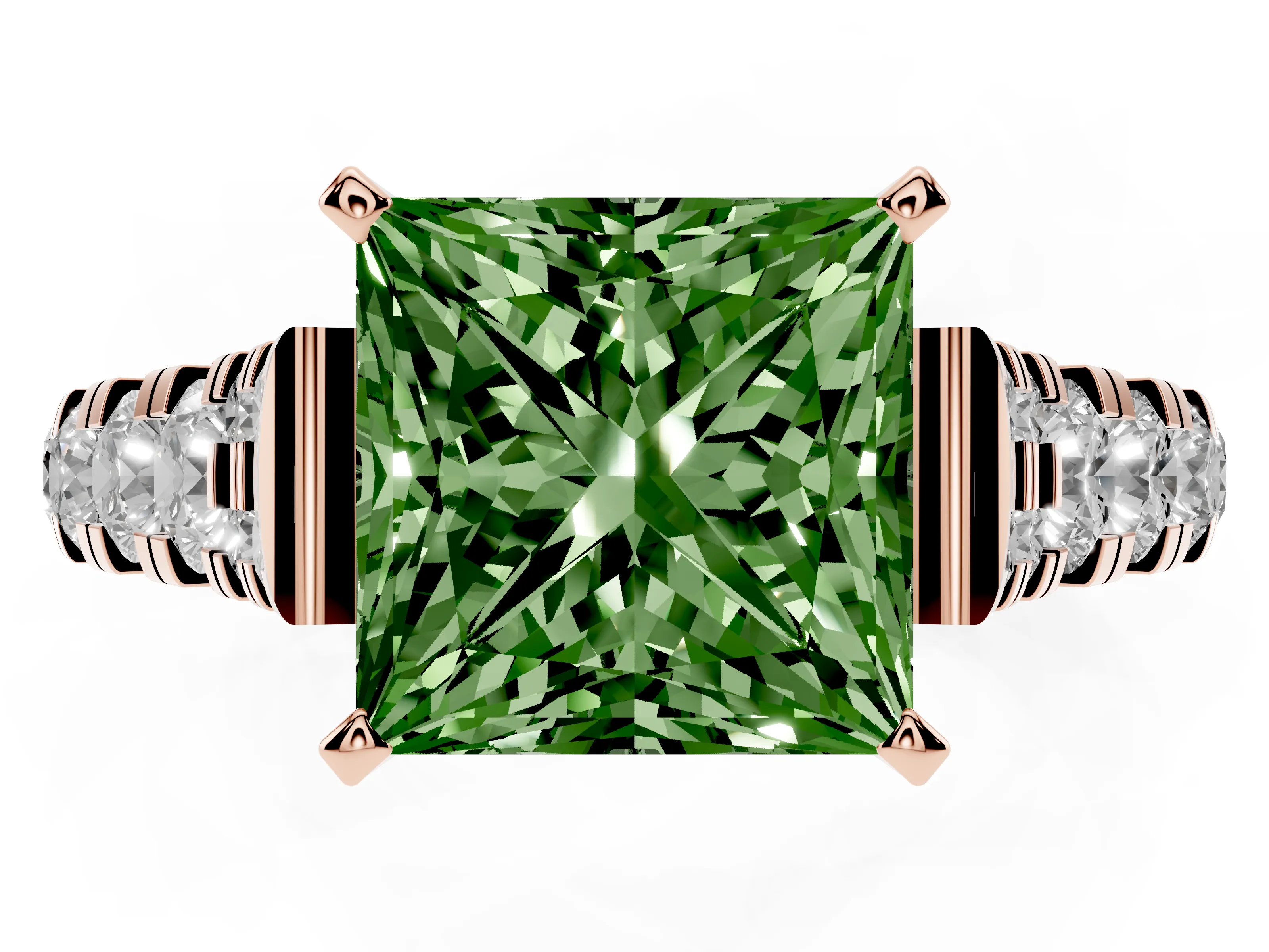 Fancy Green Princess Cut Diamond Classic Solitaire Ring Set in Rose gold with Pavé Band and Prong Setting