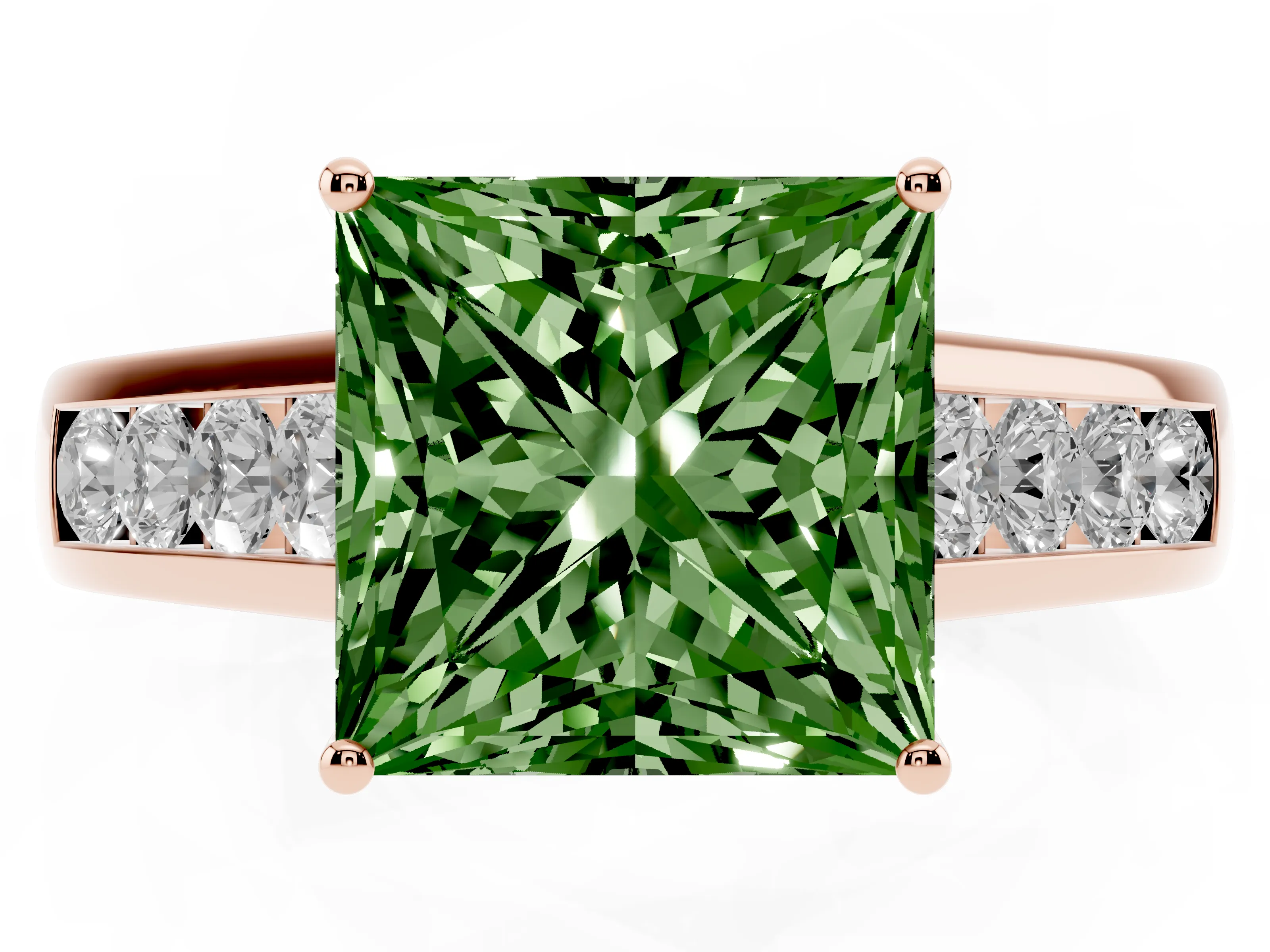 Fancy Green Princess Cut Diamond Solitaire Channel-Set Engagement Ring Set in Rose gold with Prong Setting