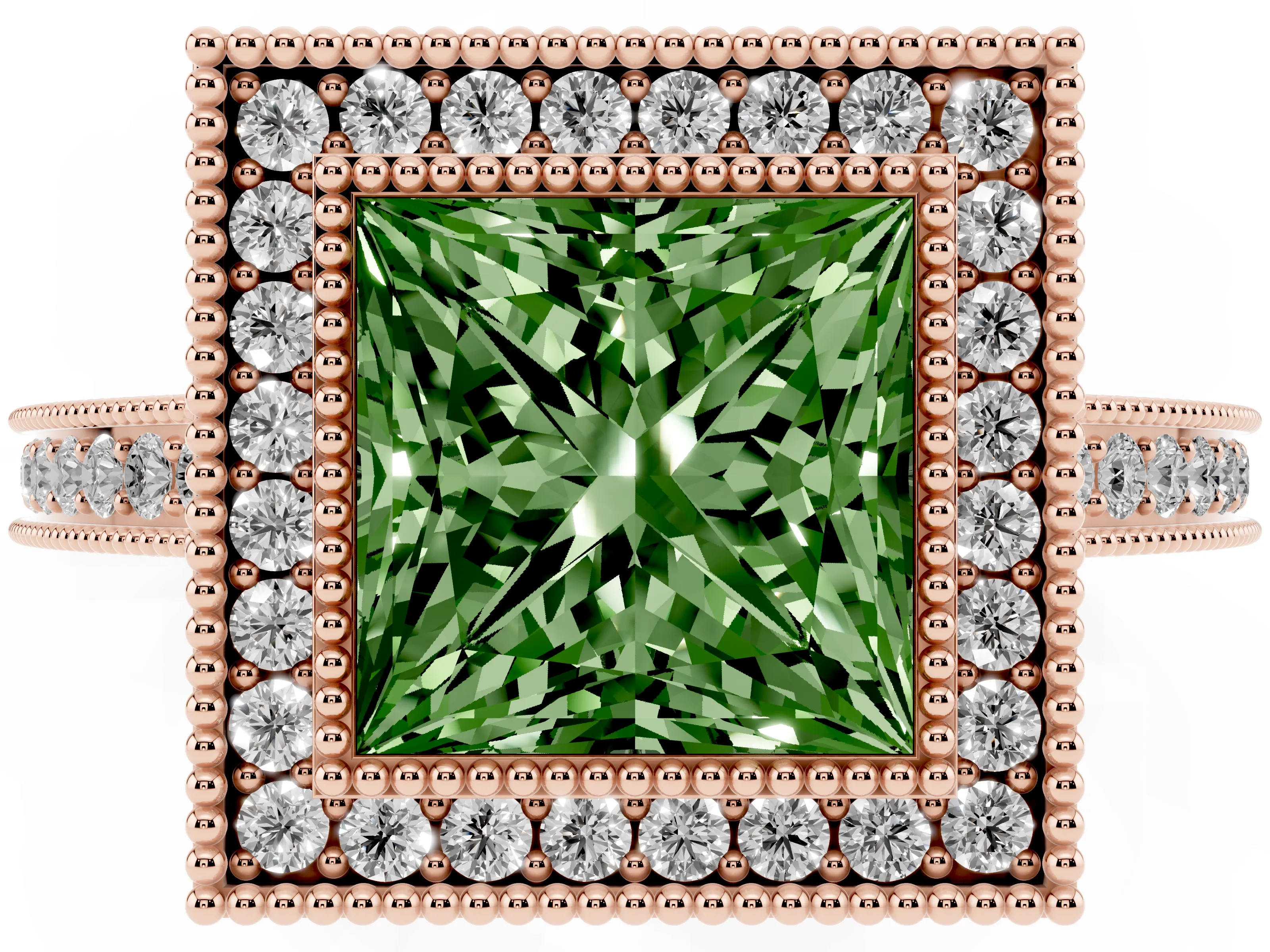 Fancy Green Princess Cut Diamond Halo Ring Set in Rose gold with Pavé Band and Milgrain-Edged Prongs