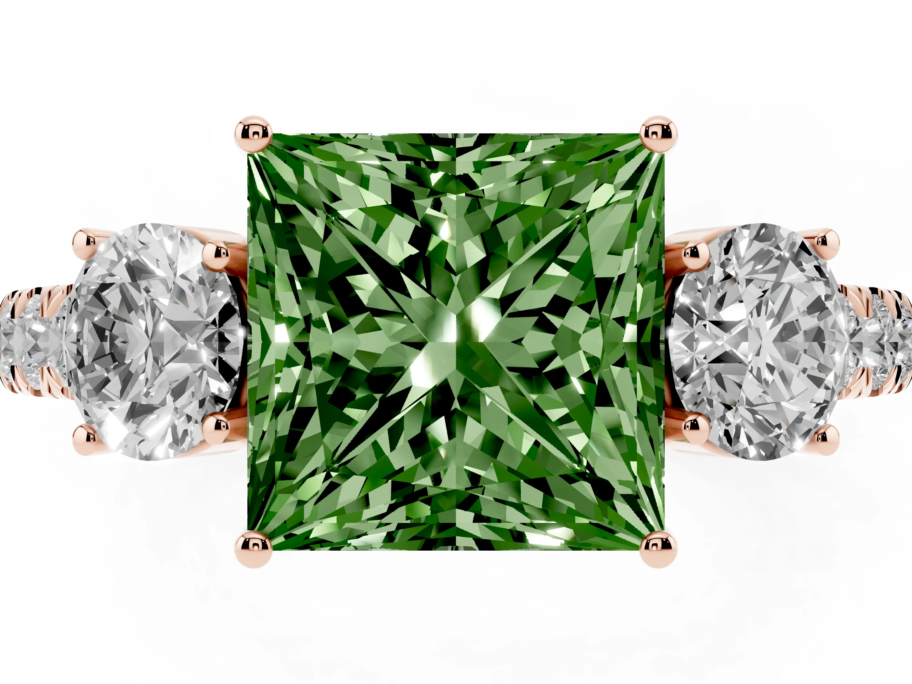 Fancy Green Princess Cut Diamond Three-Stone Ring Set in Rose gold with Round Side Stones and Delicate Pavé Band