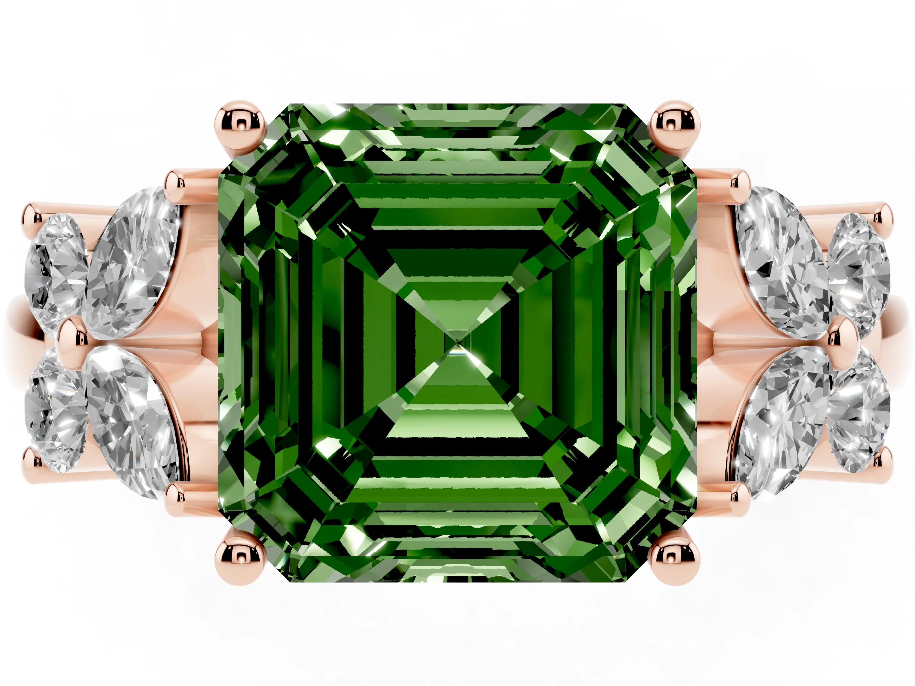 Fancy Green Princess Cut Diamond Floral Cluster Ring Set in Rose gold with Marquise Petals and Prong Setting