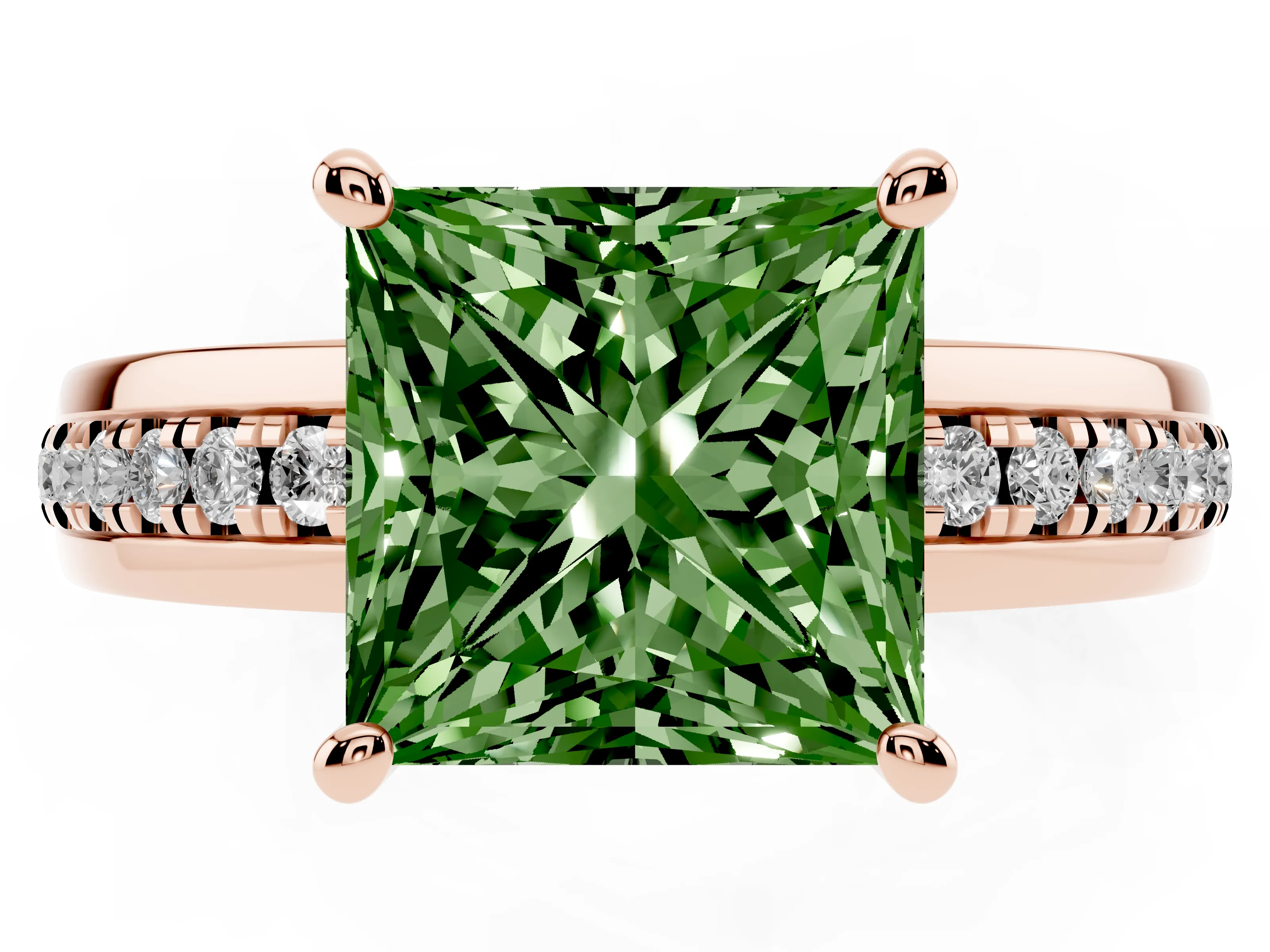 Fancy Green Princess Cut Diamond Solitaire Ring Set in Rose gold with Channel Set Band and Prong Setting
