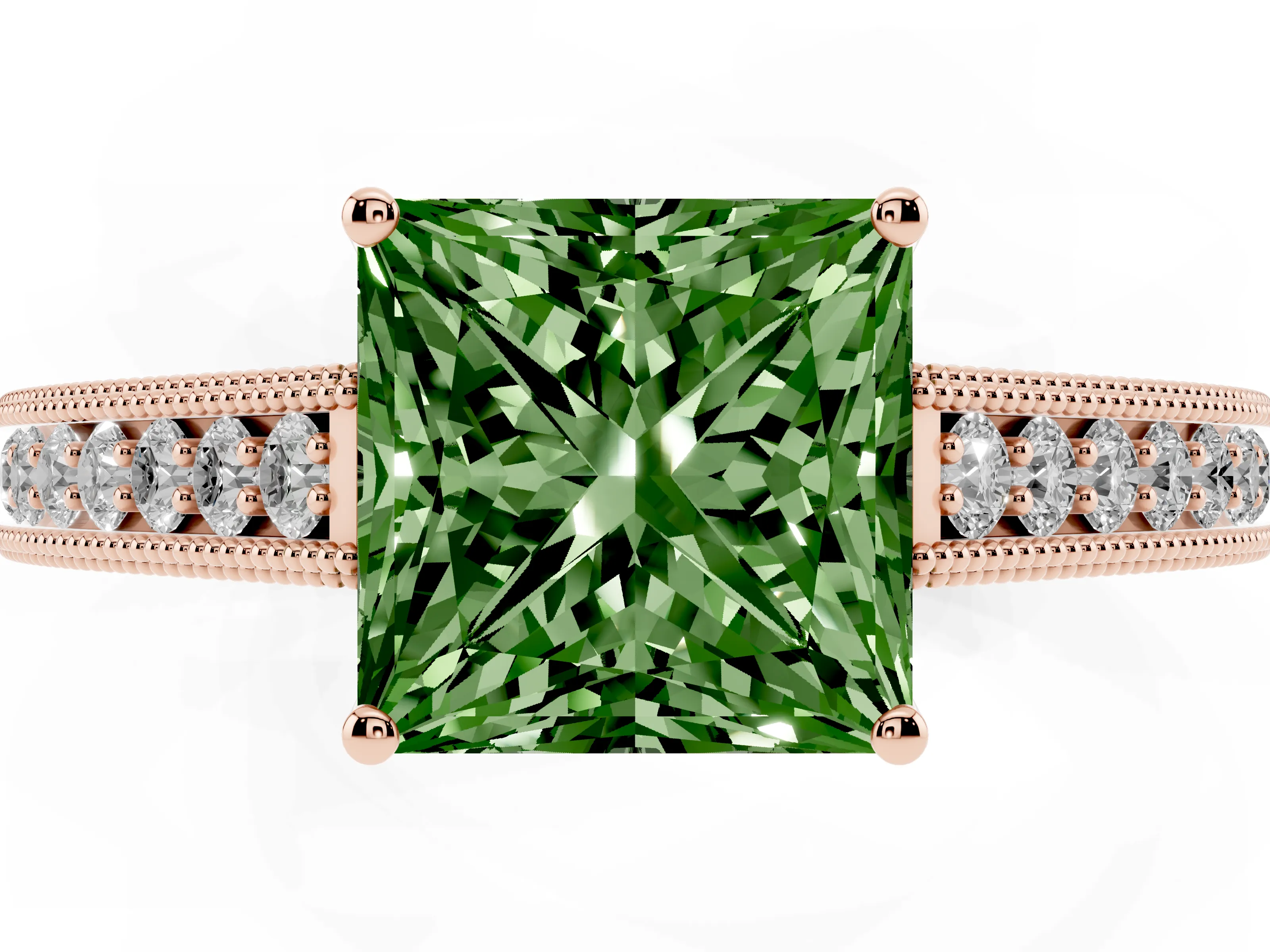 Fancy Green Princess Cut Diamond Milgrain Pavé Band Solitaire Ring Set in Rose gold with Prong Setting