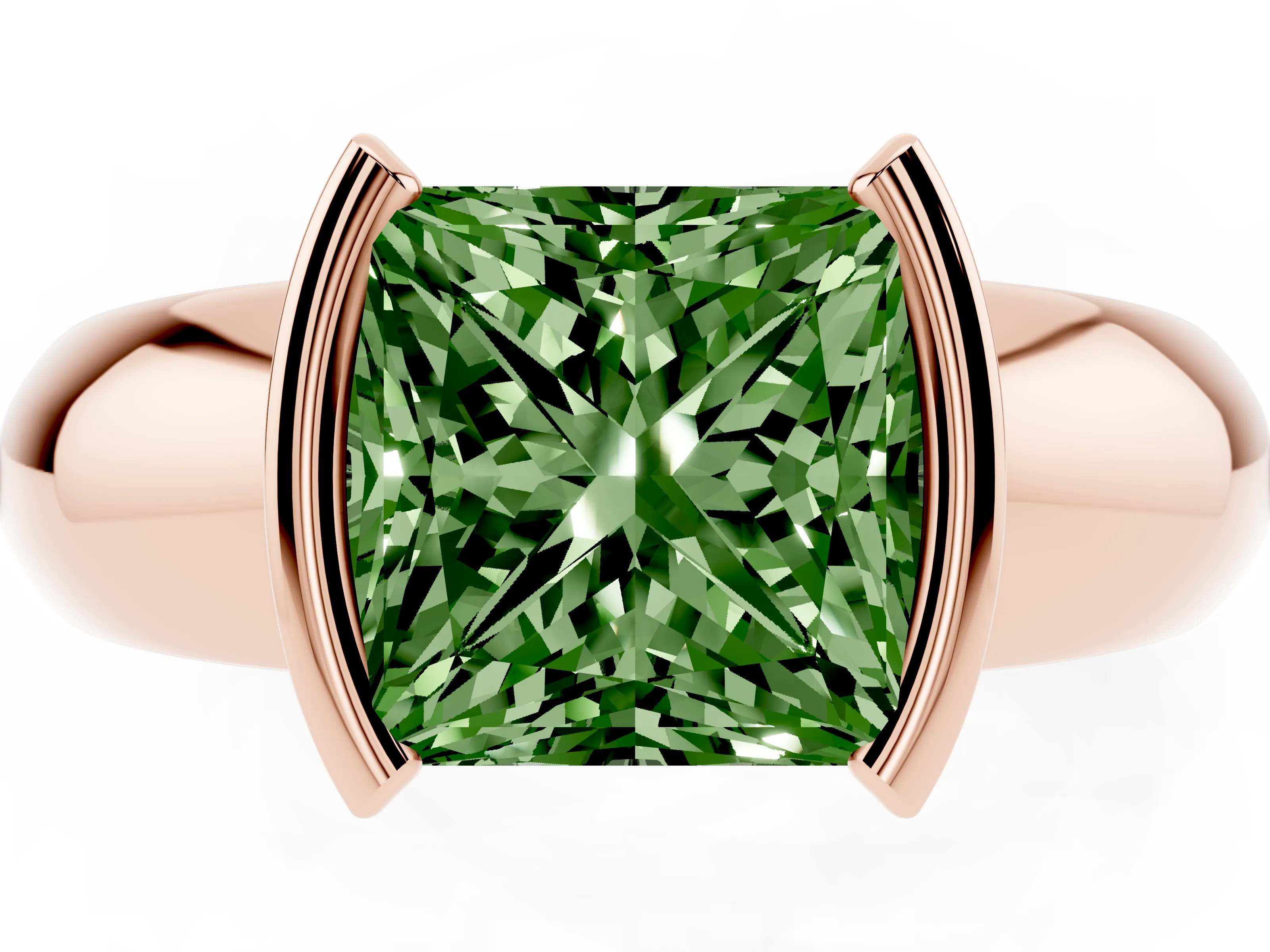 Fancy Green Princess Cut Diamond Solitaire Tension Set Ring Set in Rose gold with Wide Band