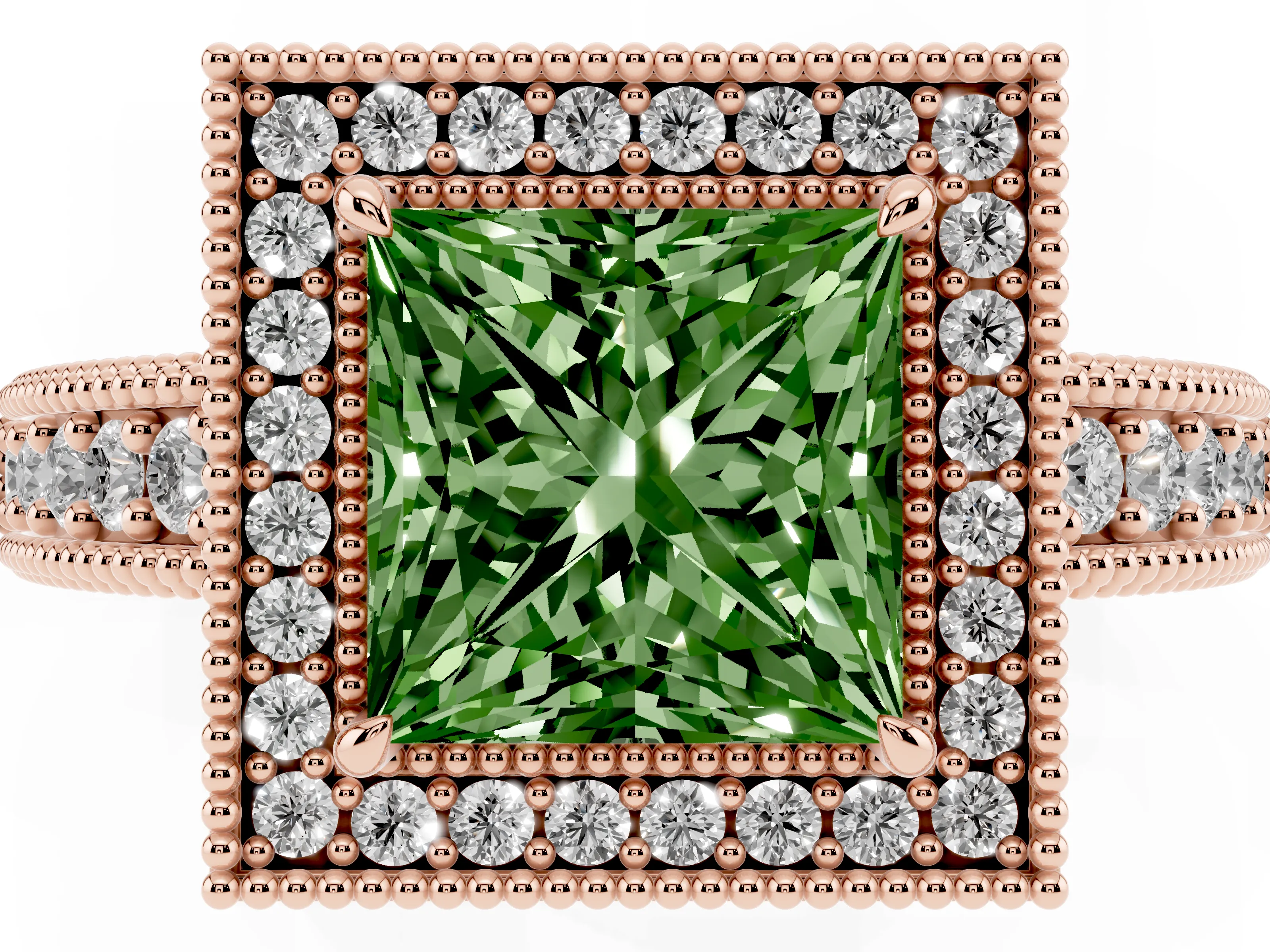 Fancy Green Princess Cut Diamond Halo Ring Set in Rose gold with Round Accent Halo, Pavé Band and Prong Setting