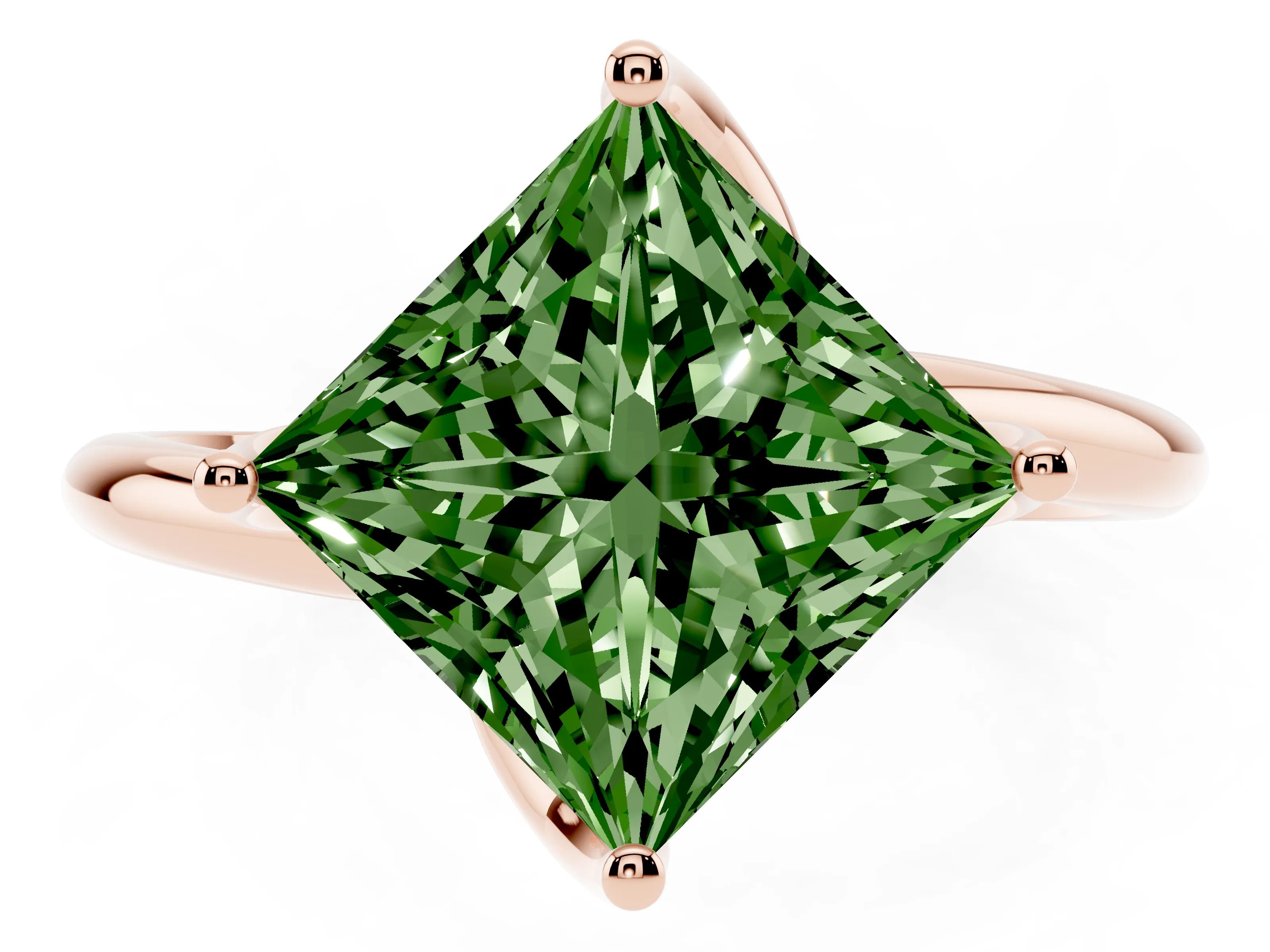Fancy Green Princess Cut Diamond Solitaire Engagement Ring Set in Rose gold with Classic Plain Band