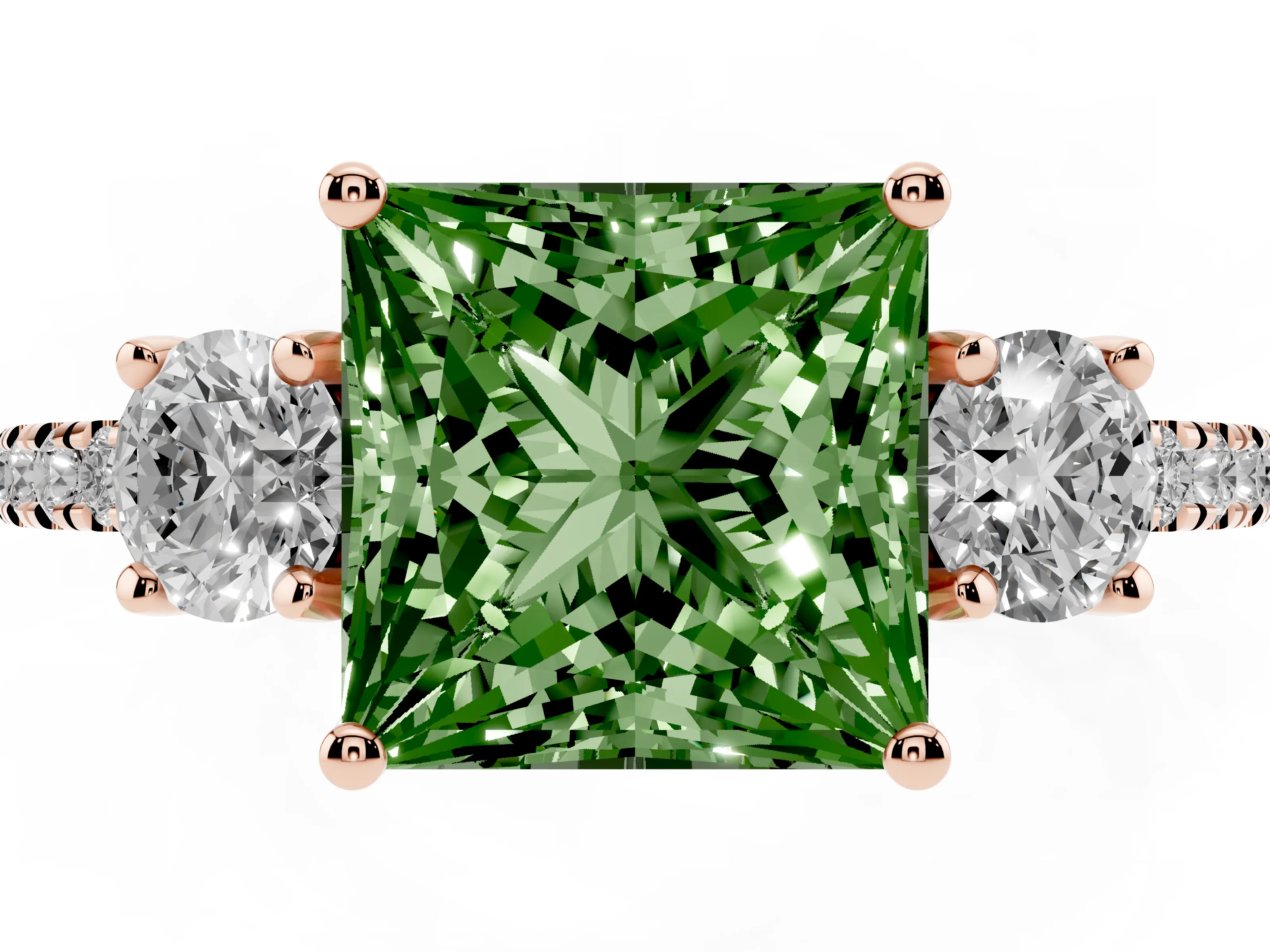 Fancy Green Princess Cut Diamond Three-Stone Ring Set in Rose gold with Pavé Band and Graduated Sides